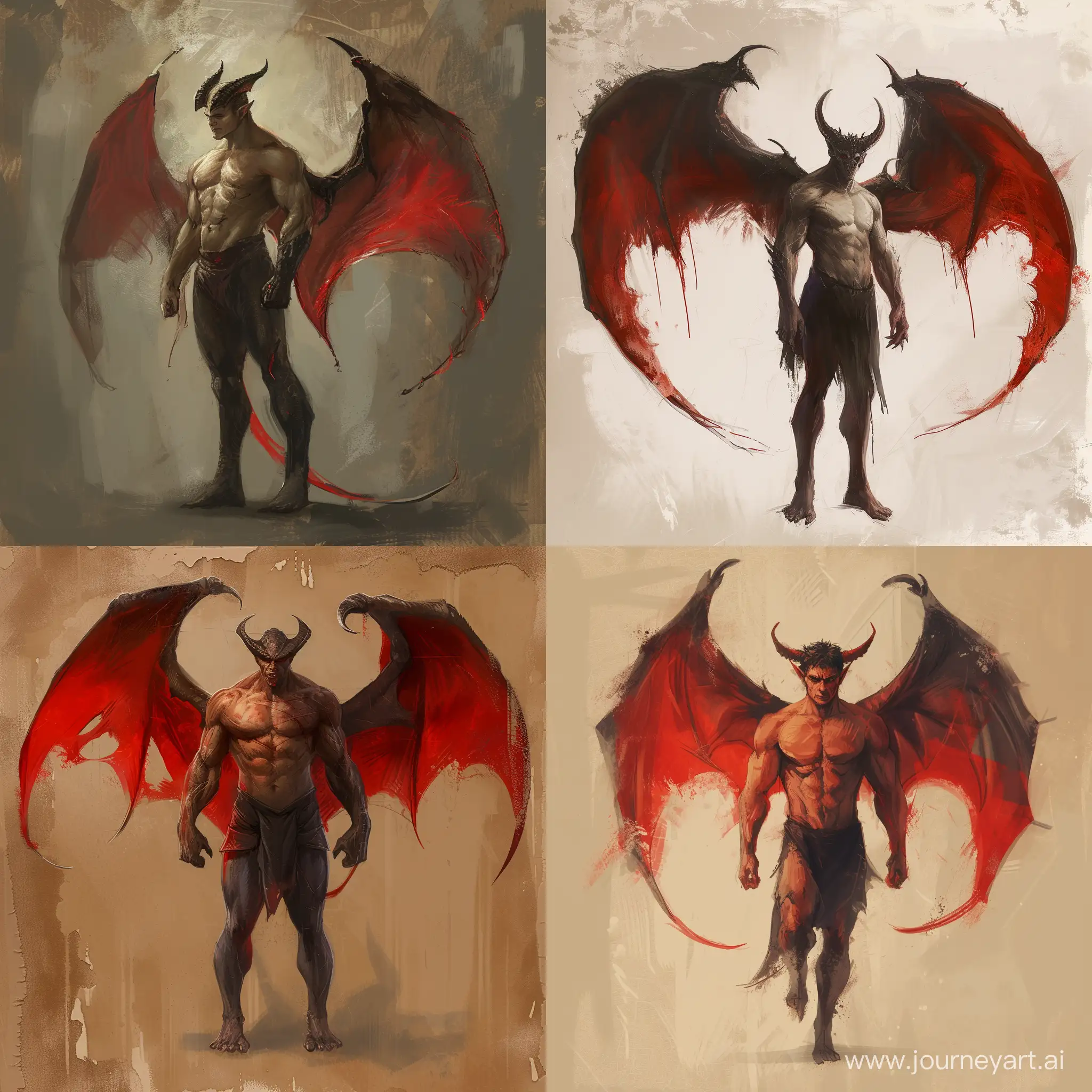арт, дьявол с маленькими рожками с красными крыльями днд в форме гуманоида, в полный рост