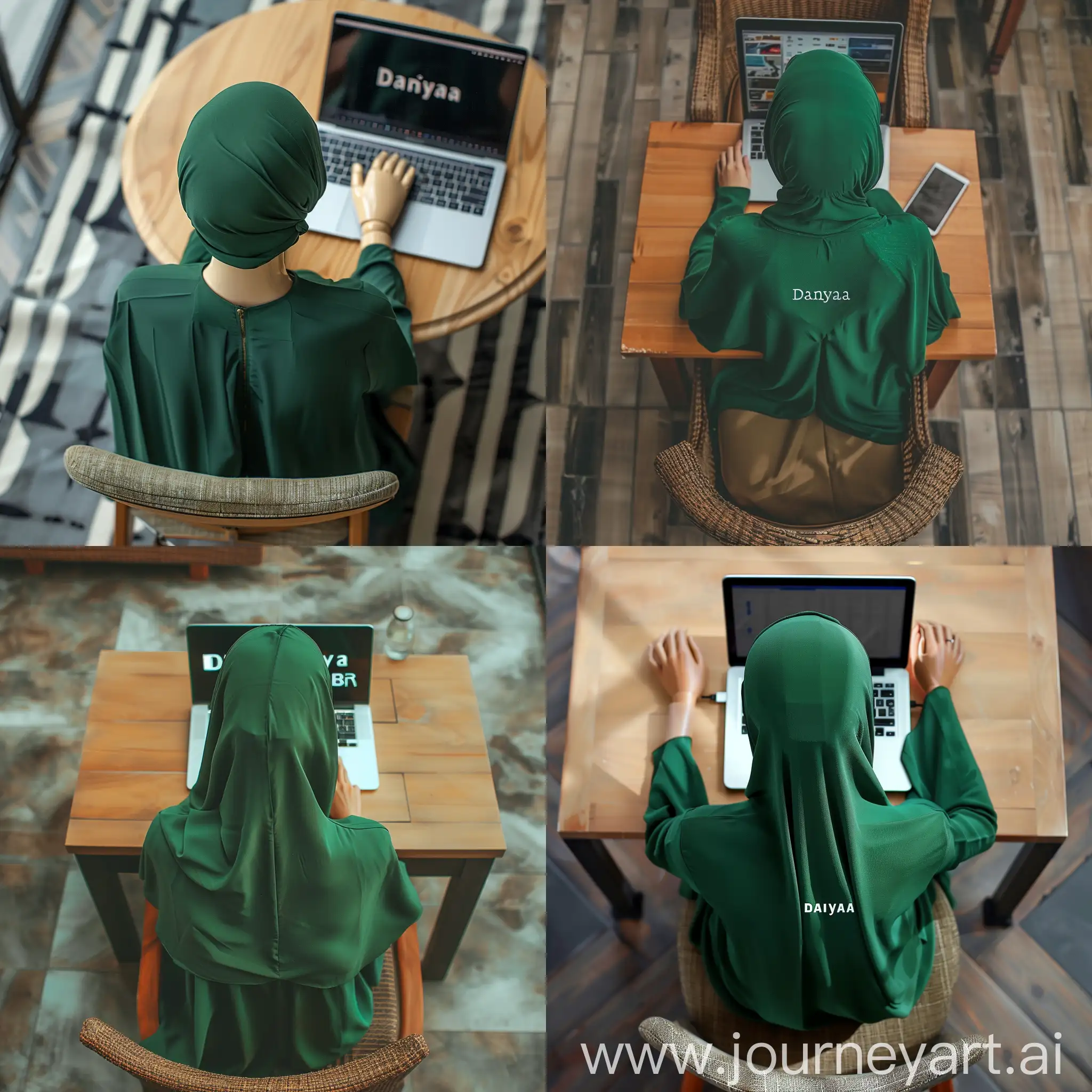 From the back view from above a female mannequin without a face in a green abaya sitting at a table with a laptop,The text "Daniya" appears on the laptop screen, a stock photo by William Berra, trending on pexels, aestheticism, matte background, stock photo, matte photo --v 6.0