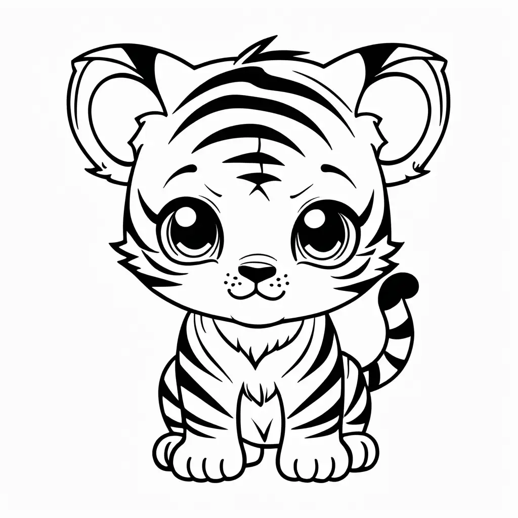 coloring page for kids with a cute chibi kawaii tiger cub, black lines white background, only black and white
