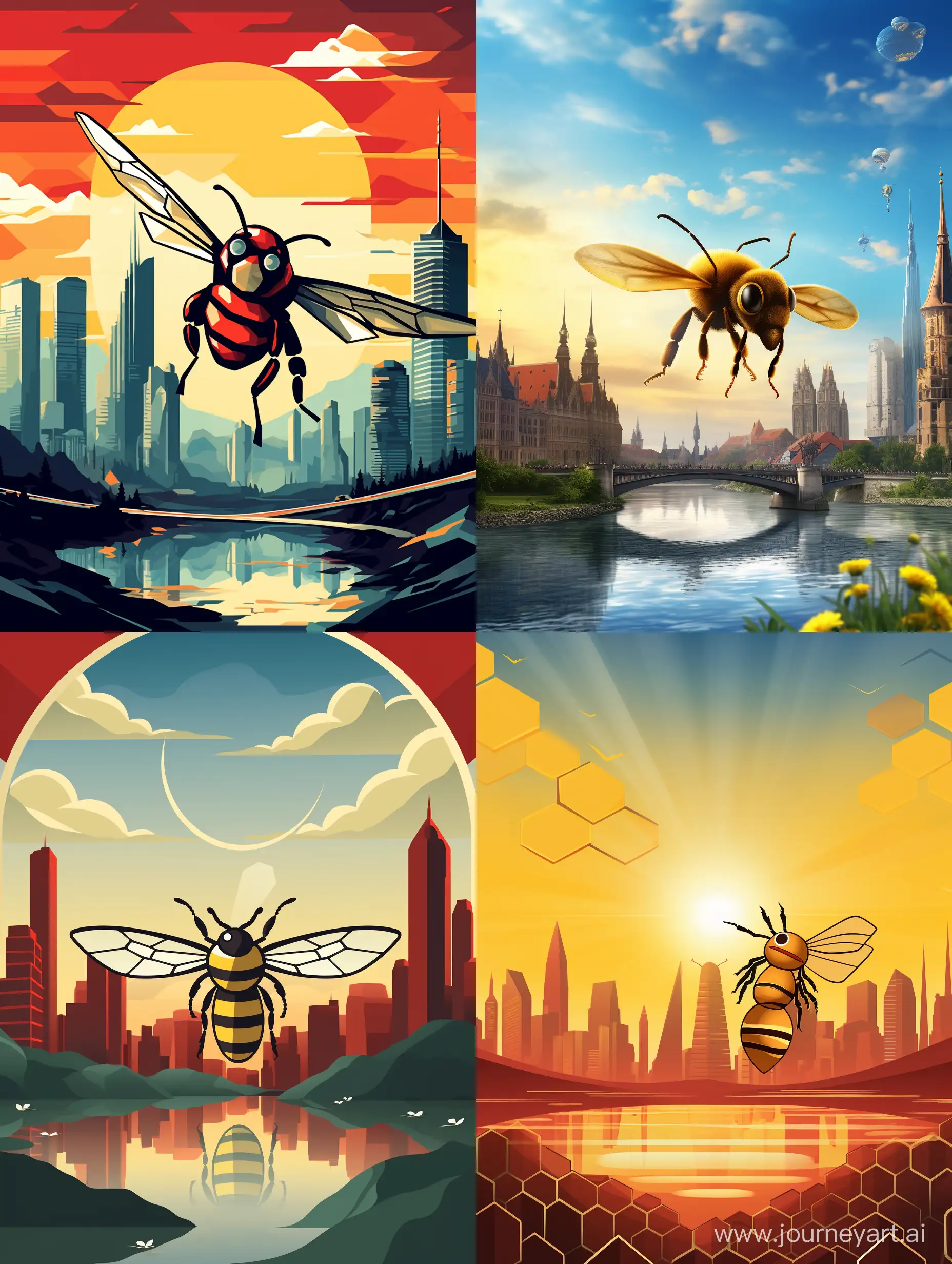 can you provide me a cool image which may fit the event like a ebpf bee logo on a Austrian flag and the city skyline at the bottom?