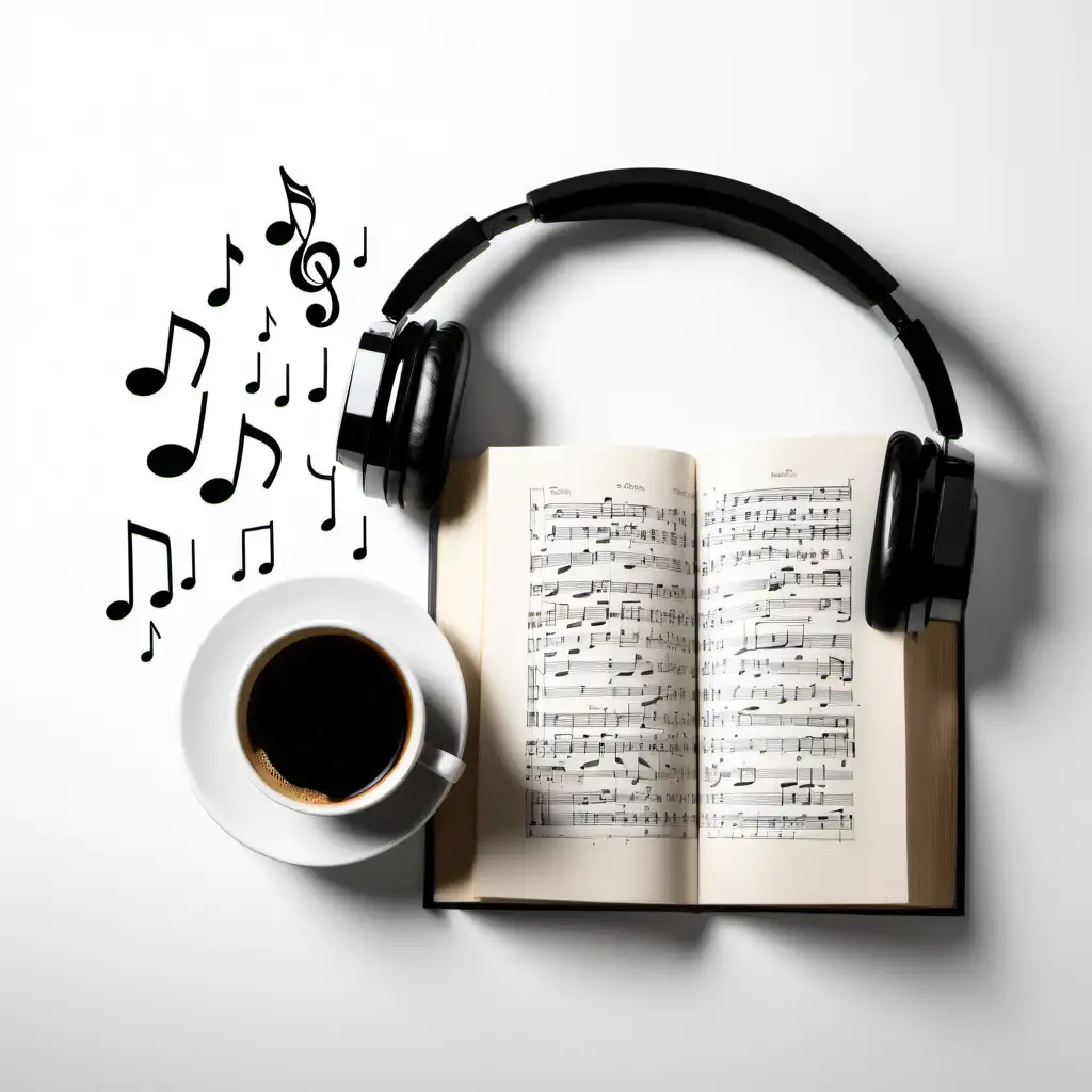Relaxing Coffee Time with Music and Books on a White Background