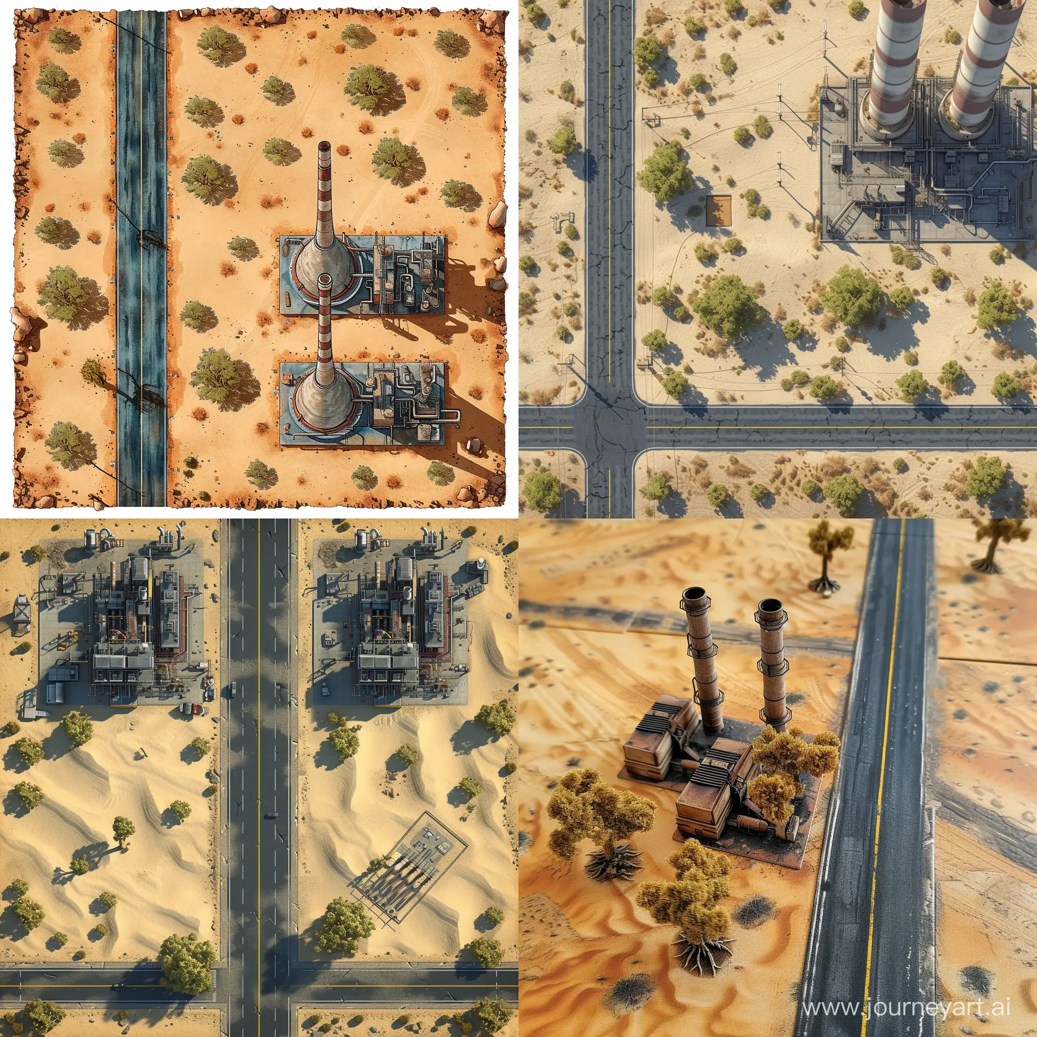 поле для настольной игры, голая пустыня, асфальтированная дорога, редкие пустынные деревья, два завода, электростанция, вид строго сверху