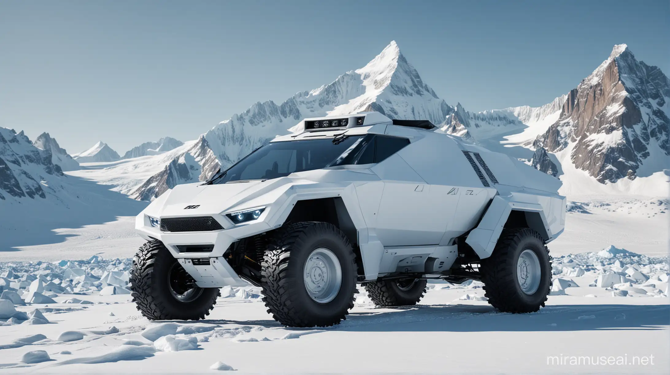 Futuristic New: A very unusual-looking Cybertruck of the future, coated in pristine white, parked atop a snow-covered mountain peak with panoramic views of icy glaciers and jagged peaks. The shot captures the vehicle's front, highlighting its rugged yet elegant exterior against the backdrop of the frozen wilderness. Realistic, shot on a Sony DSLR, 250mm lens f/2.8, ultra-detailed.