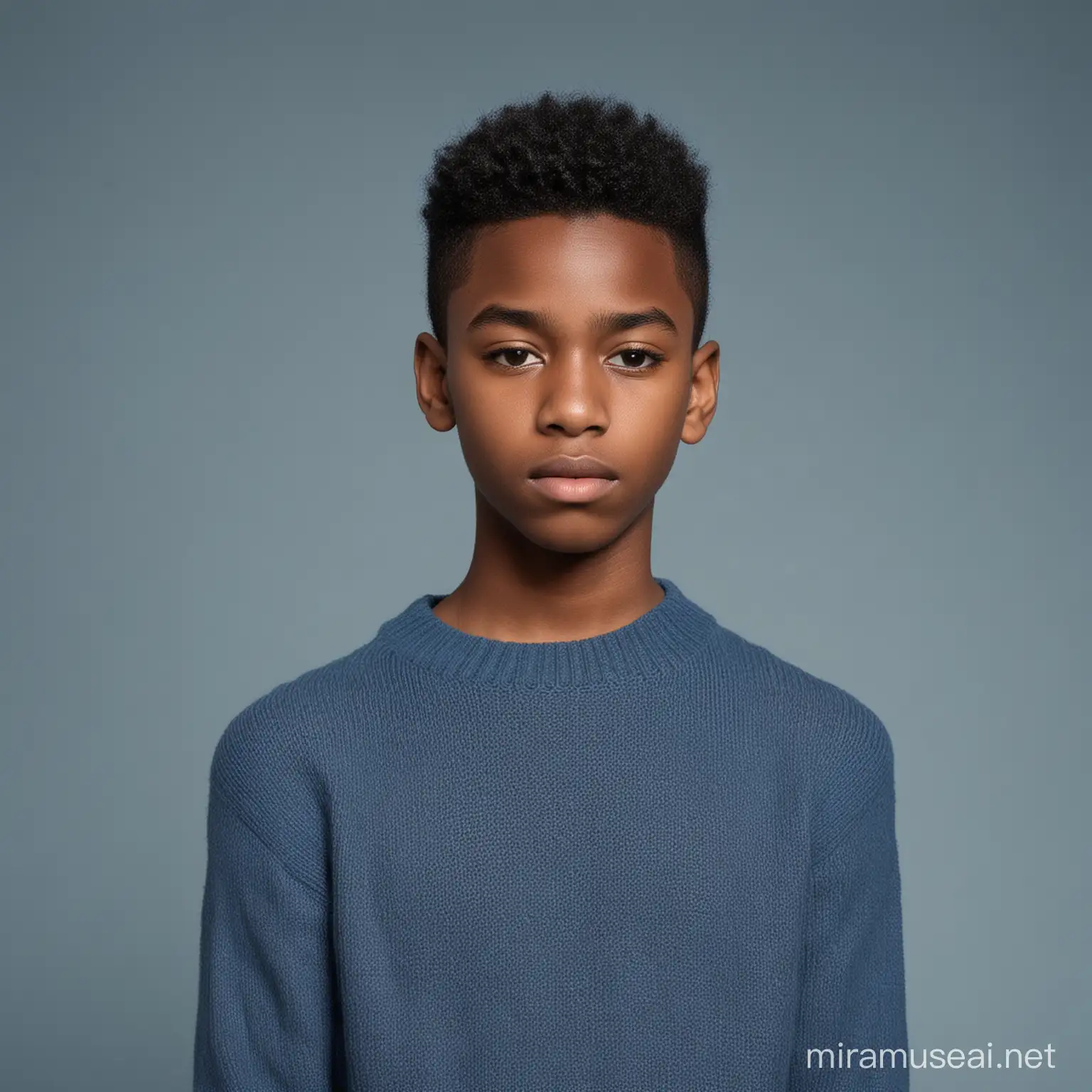 a sad and tired african dark skin teenage boy with black african hair haircut and cut sides standing up facing the left wearing a blue sweater

