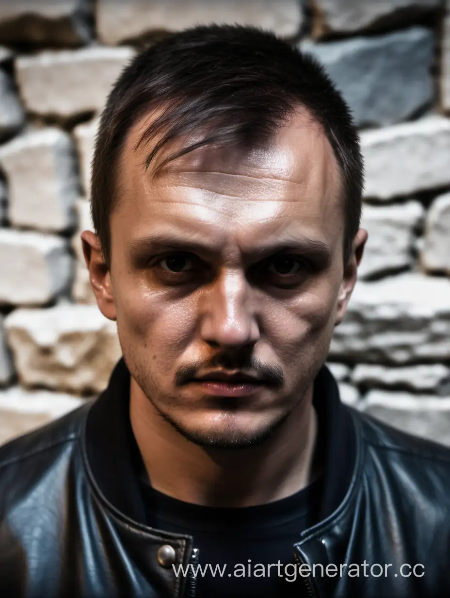 Russian-Bandit-in-Black-Leather-Bomber-Jacket-Against-Stone-Wall