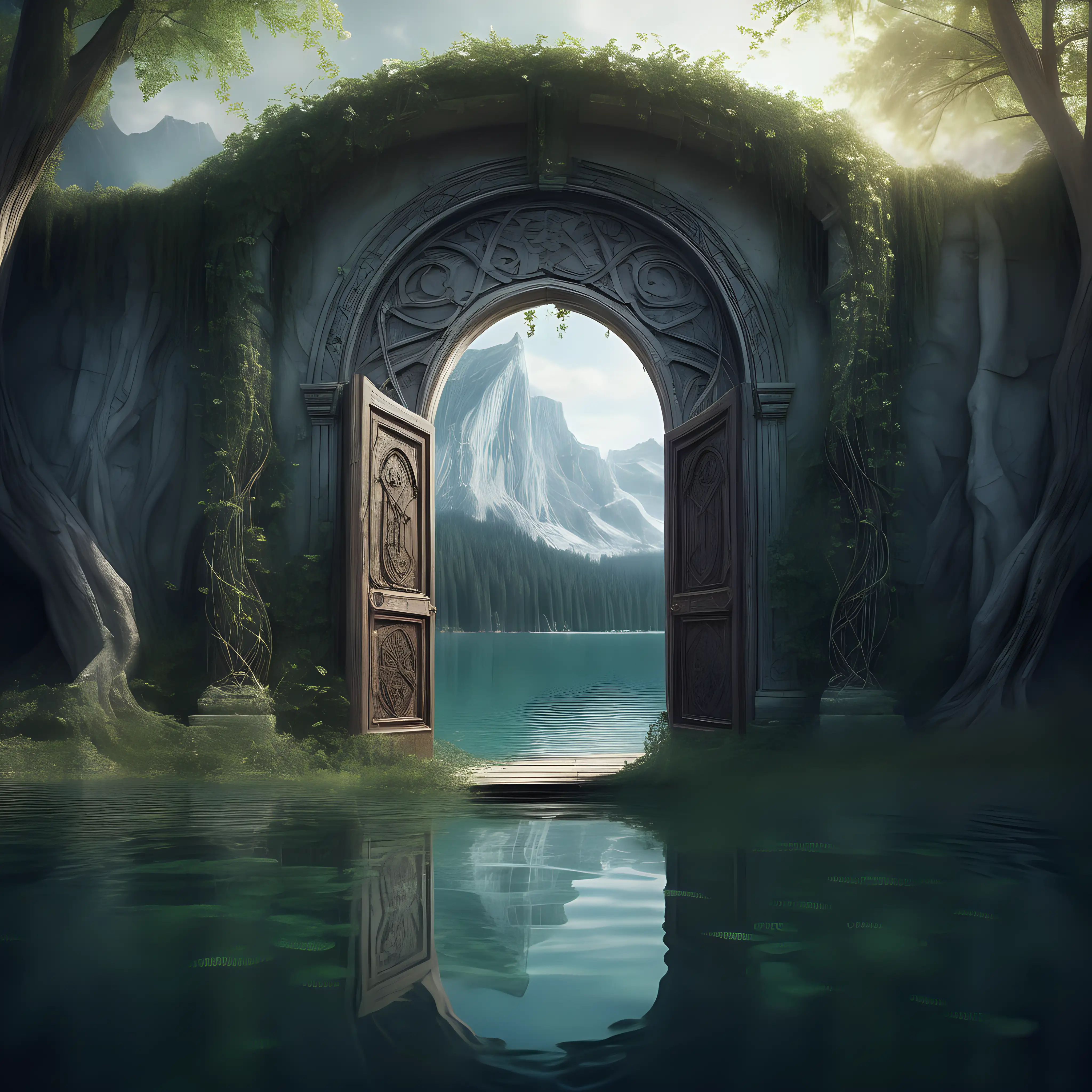  there is a far away mystical place where a vine grows around the crystal lake ,on the crystal lake there is a pathway through an archway with ancient tall carved wooden arched doors that are half open there stands an ancient oval mirror that has has mystical symbols around it's edge