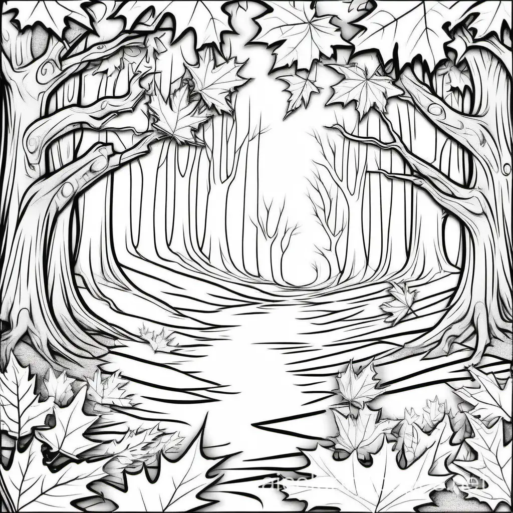 oak and maple leaves blowing in the wind forest background, stream running through the center of the picture simplicity, ample white space realistic, Coloring Page, black and white, line art, white background, Simplicity, Ample White Space. The background of the coloring page is plain white to make it easy for young children to color within the lines. The outlines of all the subjects are easy to distinguish, making it simple for kids to color without too much difficulty