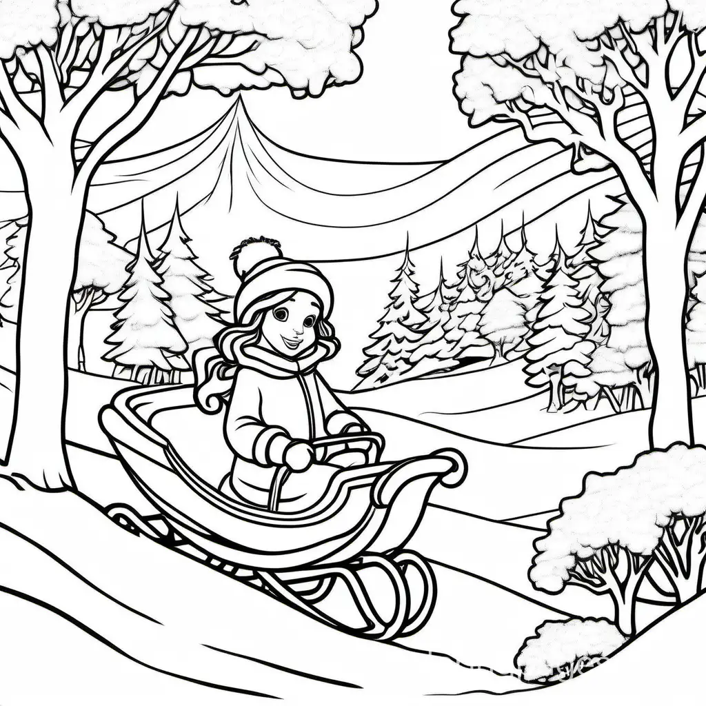  a princess in a snowy landscape, perhaps building a snowman or enjoying a sleigh ride pulled by friendly creatures., Coloring Page, black and white, line art, white background, Simplicity, Ample White Space. The background of the coloring page is plain white to make it easy for young children to color within the lines. The outlines of all the subjects are easy to distinguish, making it simple for kids to color without too much difficulty