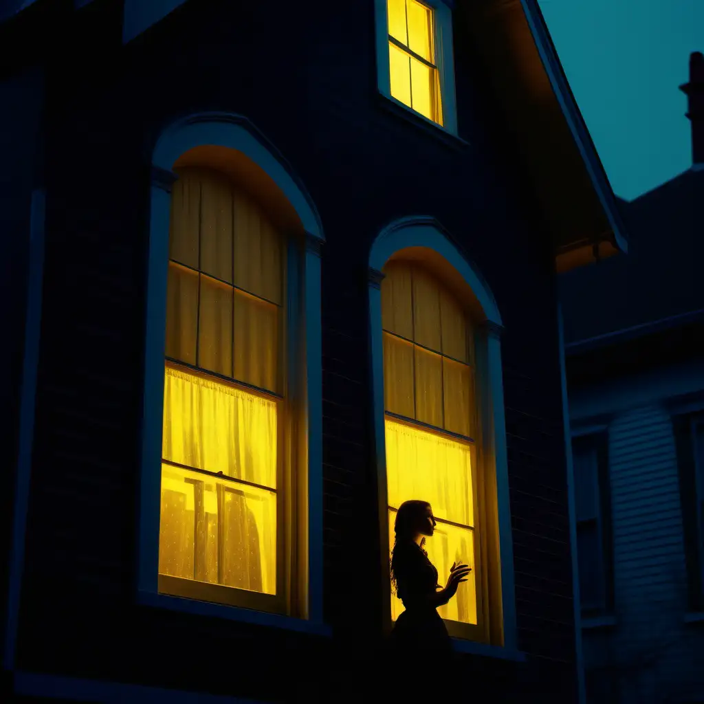 cinematic image of a victorian house at night with a window glowing yellow with a shadowy figure of a modern teenage girl looking out the window