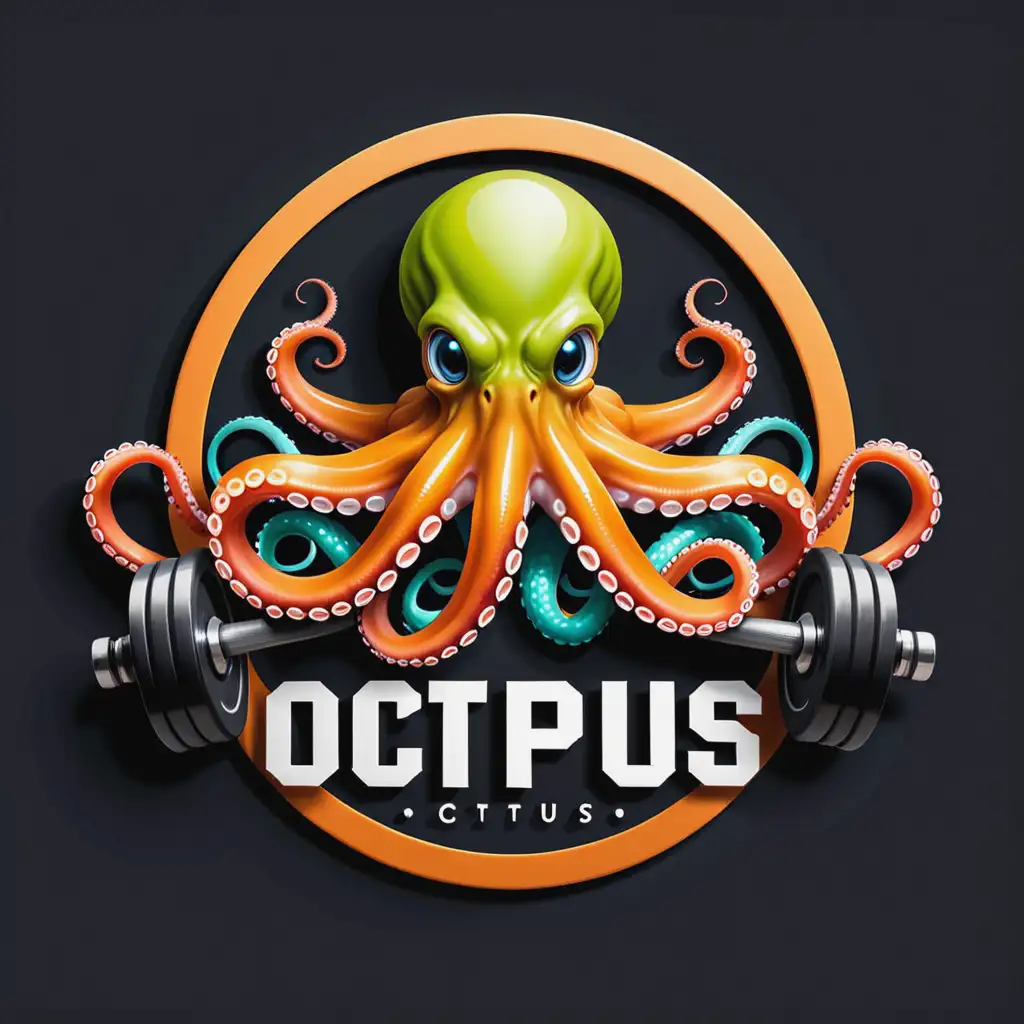 Imagine brand logo for a sustainable sport wear named Octups. The logo icon is octopus tentacles. Each tentacle carrying a gym tool like barbell or kettlebell. 
