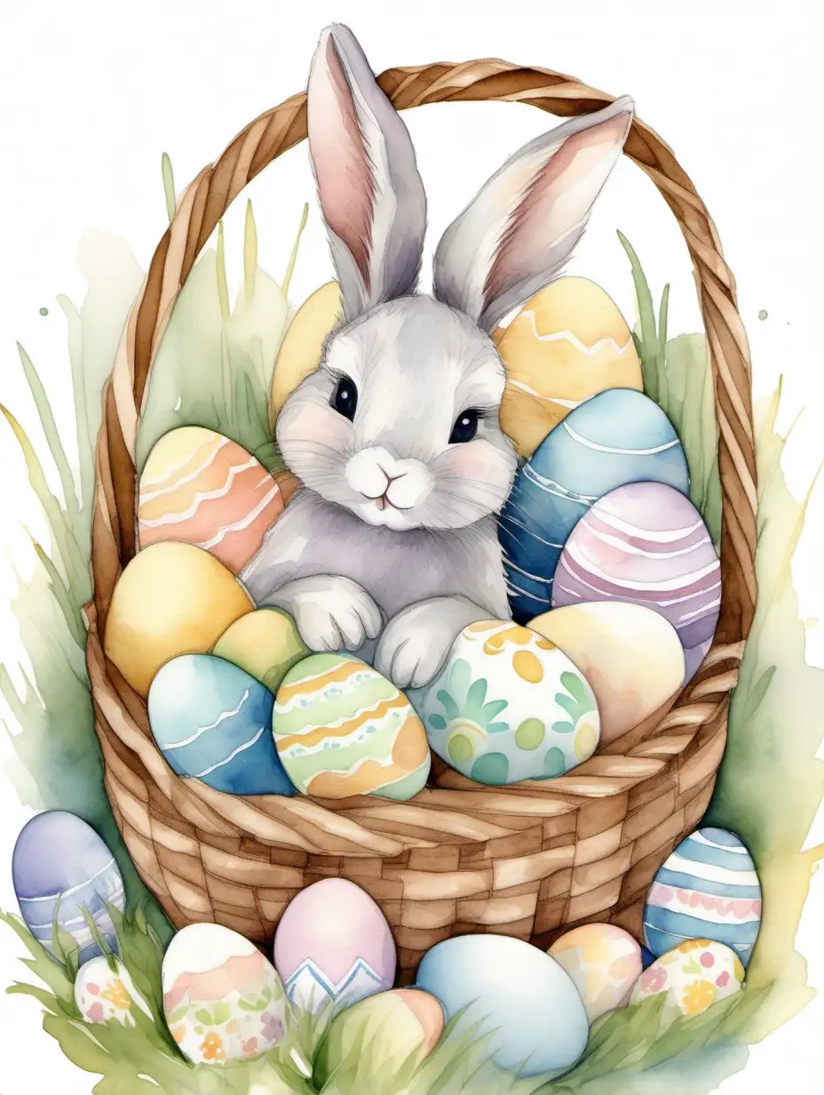 Picture a charming Easter tableau with a cute bunny sitting in a basket filled with pastel-colored Easter eggs. Use watercolors to emphasize the soft and sweet tones, creating a heartwarming scene that embodies the spirit of the holiday.