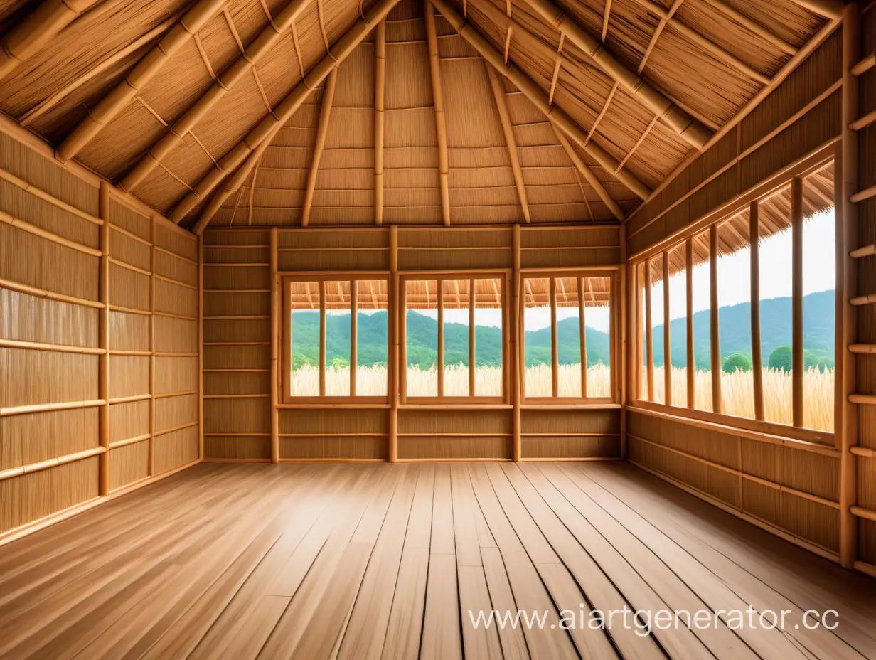 Просторная комната в стиле бунгало, деревянные стены, без мебели. Прямой ракурс. Крыша из соломы и бамбука. Вырезанные окна в углу. Белый деревянный пол.

