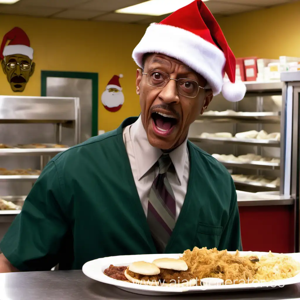 Gustavo Fring From Breaking Bad wearing Christmas hat while serving customers in Los Pollos Hermanos