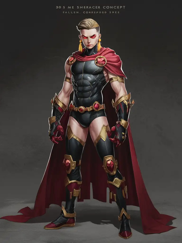 aloof 30s male, fallen corrupted superhero, tan skin, dark blond hair undercut, glowing red eyes, strong jawline, black gold ruby bodysuit armor gauntlets pauldrons greaves, floor-length red cape, golden tassel earrings, condescending glare, videogame anime character concept reference sheet
