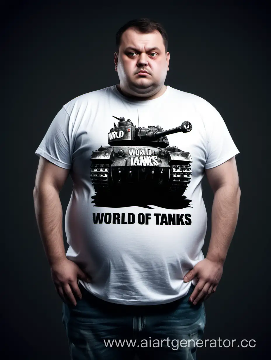 толстый мужик, страшный, с короткими волосами, футболка с надписью world of tanks