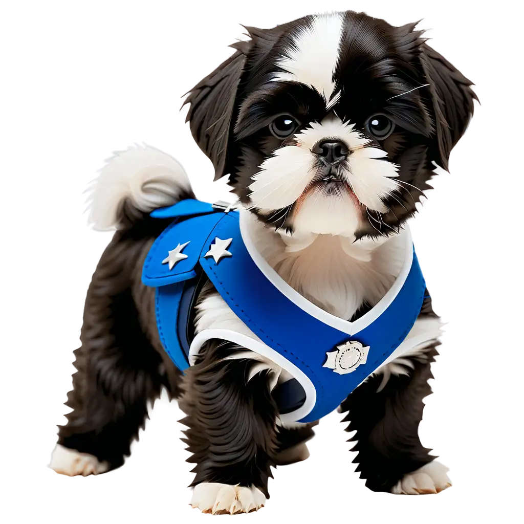 A Black and White Shih Tzu with a Puppy Cut in a Military Uniform