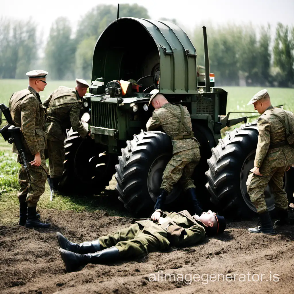 soldiers lay under the tractor