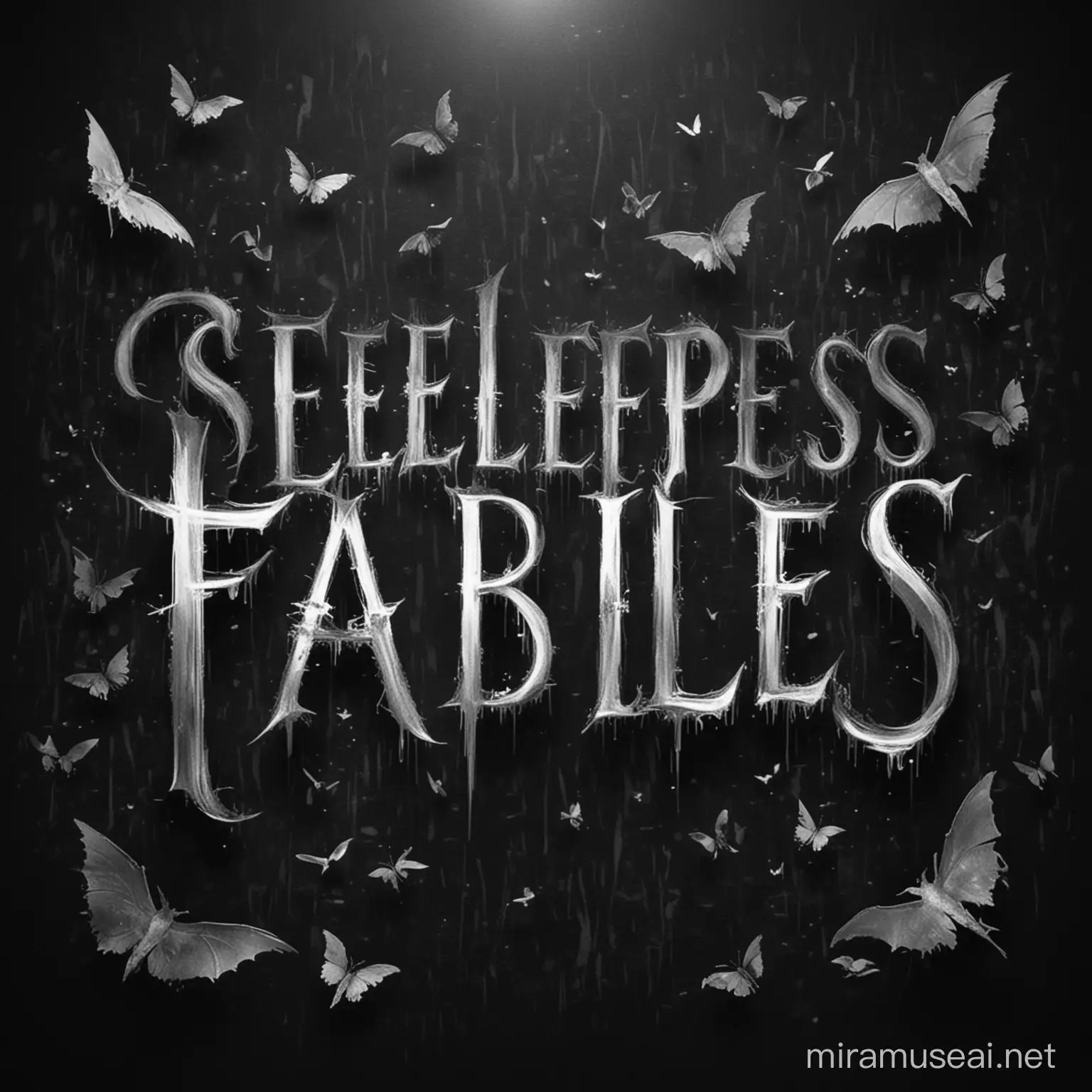 Black-dark-gray background with white-light-gray inscription "Sleepless Fables" in horror and scary style of words.