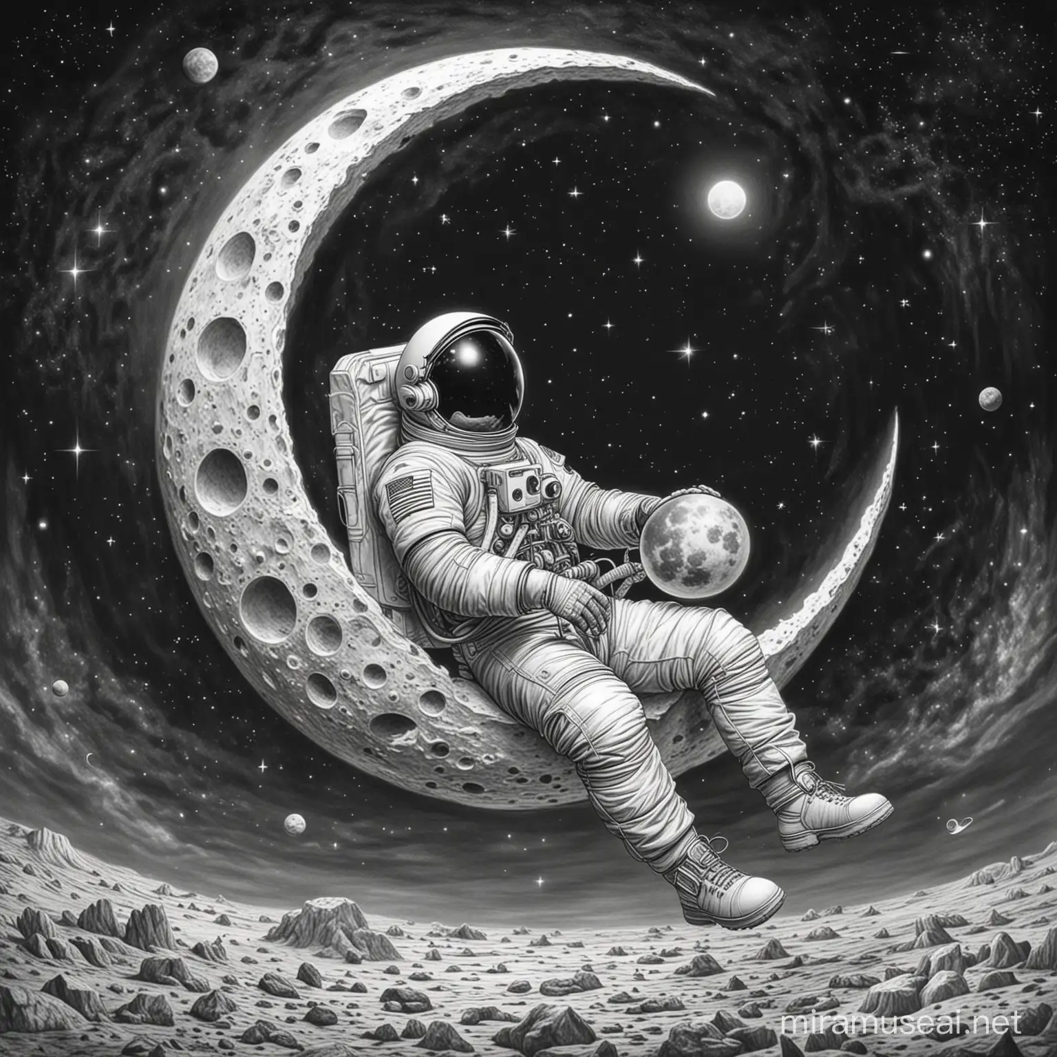 black and white, astronaut sitting on a floating moon, coloring page