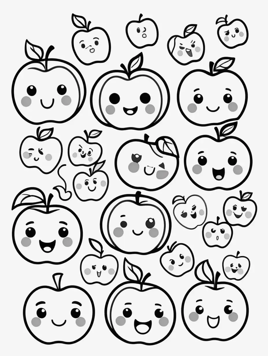 Cute Apple Emojis Coloring Book Playful Black and White Cartoon Drawing