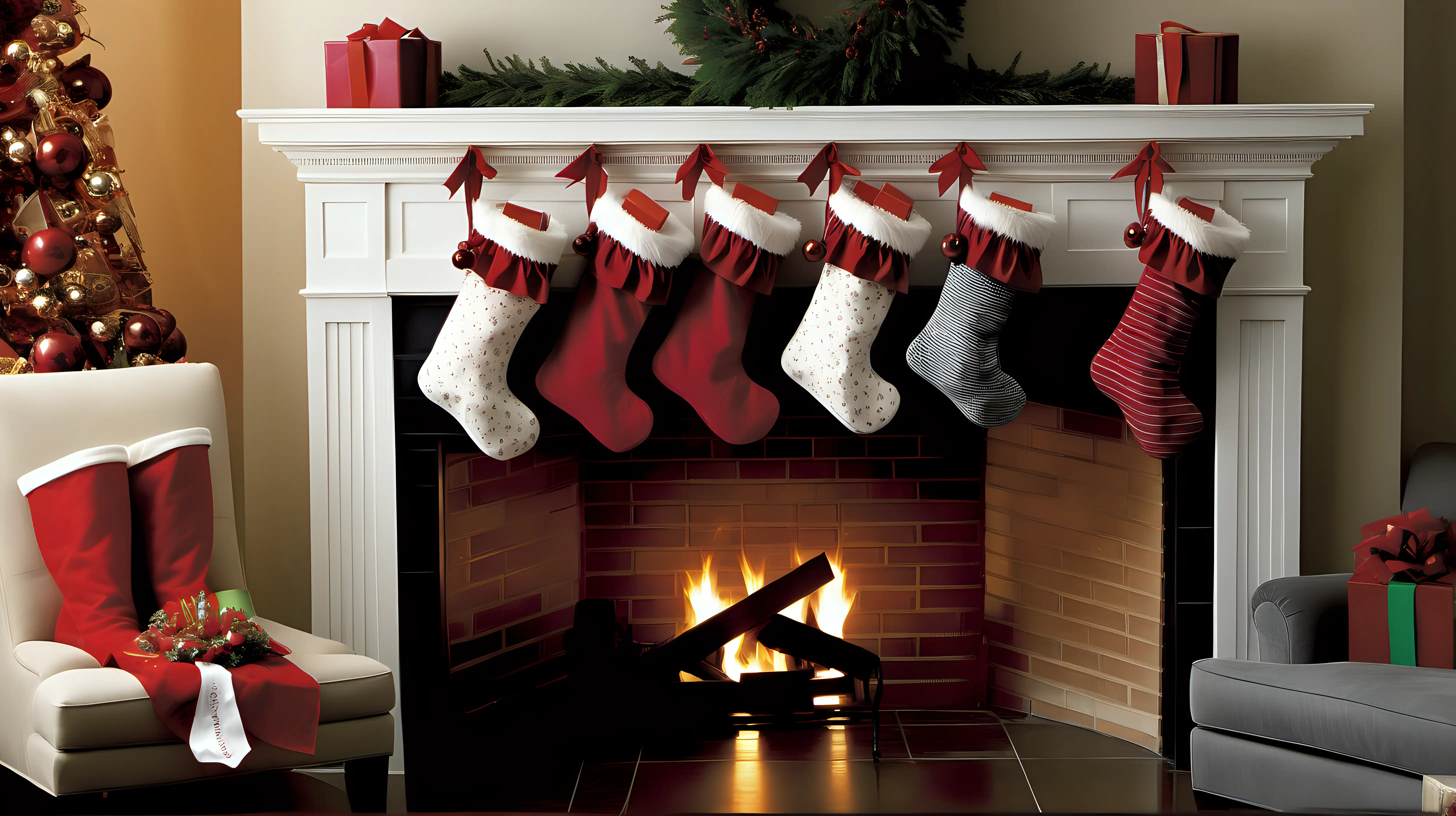"Showcase the heartwarming tradition of hanging stockings by the fireplace, each one brimming with anticipation."