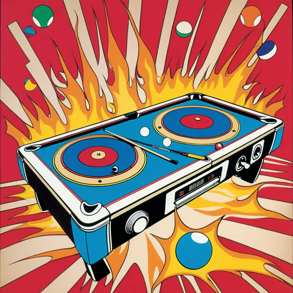 pool table boombox, "toys on fire"
[style: 1990s advertisement]
[art influence: abstract pop art]