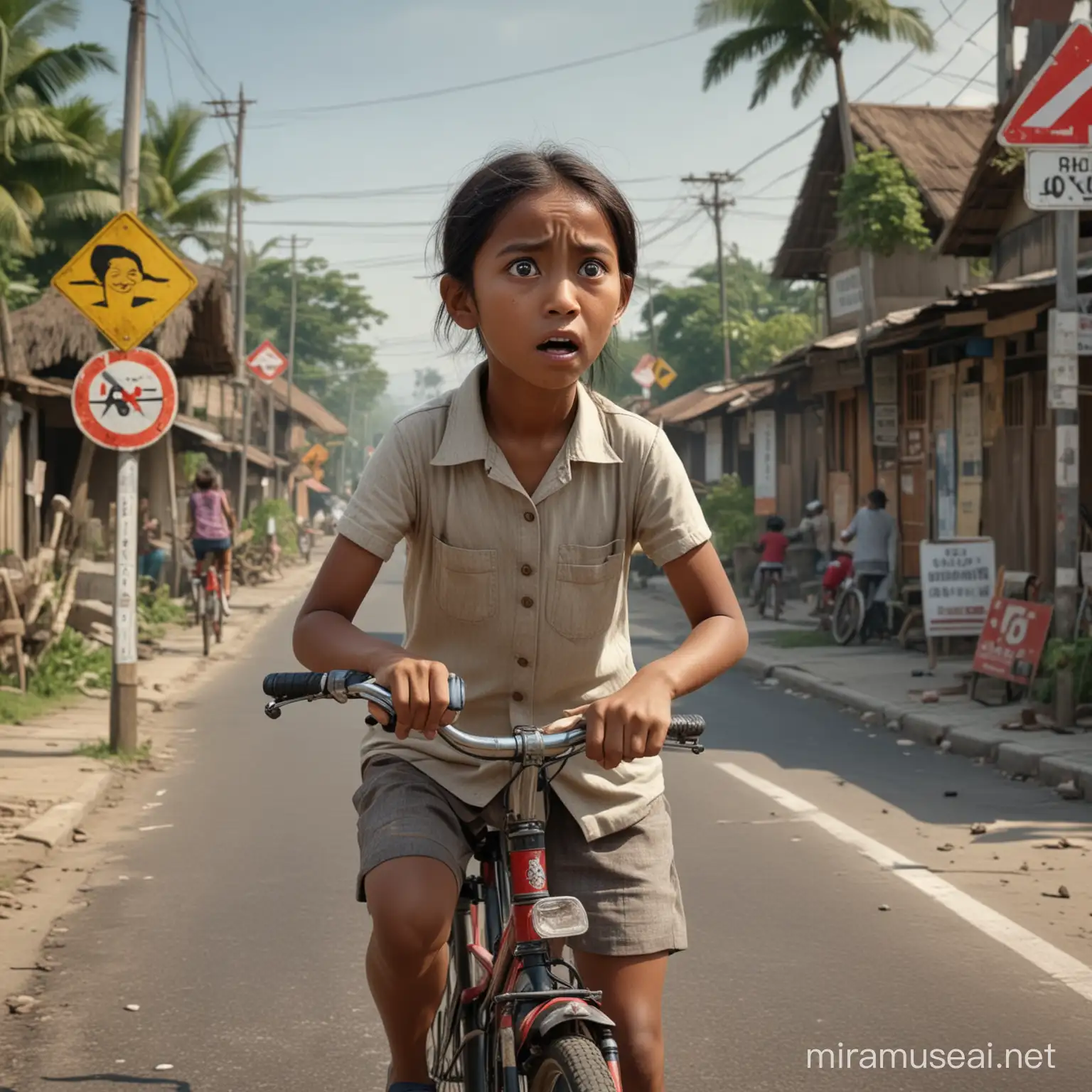 Seorang pengendara sepeda (gadis Indonesia usia 10 tahun) putus asa berdiri di sebuah jalan di sebuah desa kecil dengan banyak Rambu Jalan. Sopir punya wajah ketakutan dan matanya besar. Dia melihat ke samping pada tanda-tanda. hari yang cerah. Mahakarya, fotorealistik, hyperdetailed, hyperrealisme, 8k,