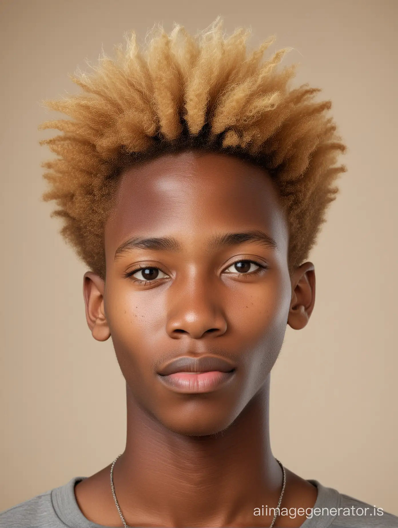 portrait of slightly smiling Ugandan 17-year-old boy with natural blonde afro hair, large flat nose and pointy ears, plain light background
