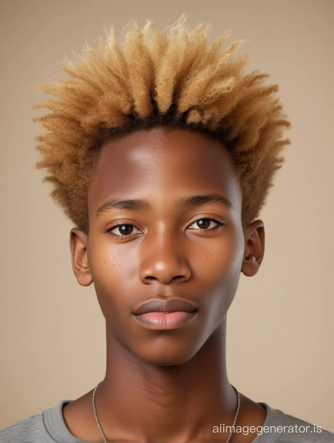 portrait of slightly smiling ugandan 17-year-old boy with natural blonde afro hair, large flat nose and pointy ears, plain light background