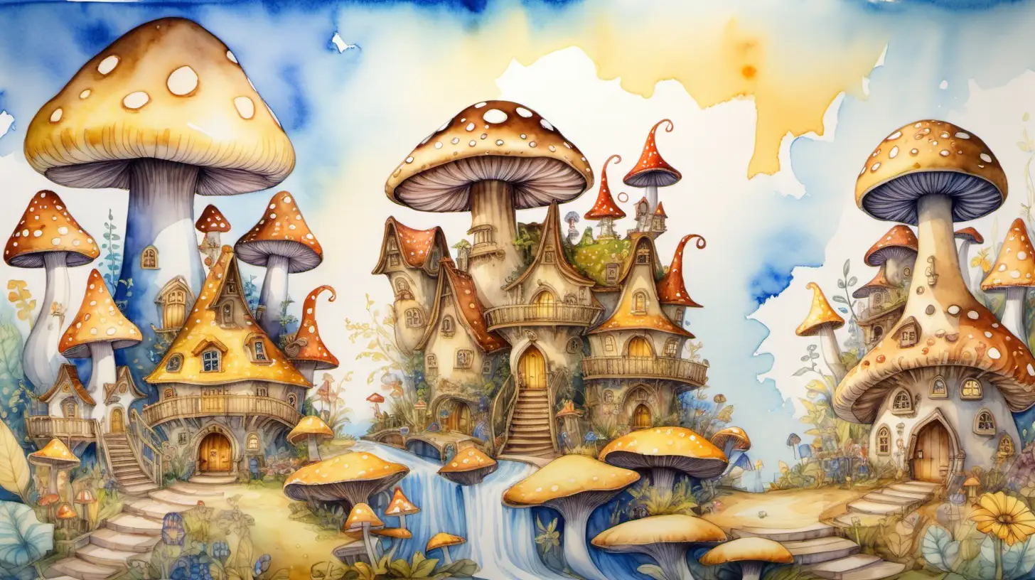 Watercolour fairy story painting. A large pixie town made of mushroom houses in various shades yellow and brown with a big mushroom palace in the centre. They sky is a beautiful summer blue

