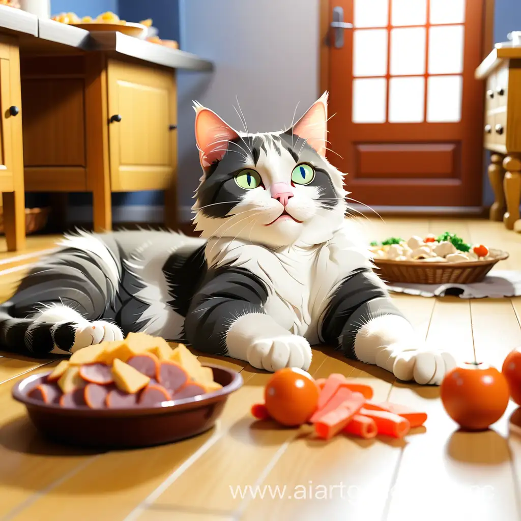 Cat-Relaxing-in-Cozy-Home-Surrounded-by-Food
