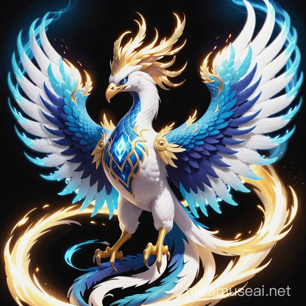 A large Blue and white phoenix, wreathed in blue flames and golden lightning