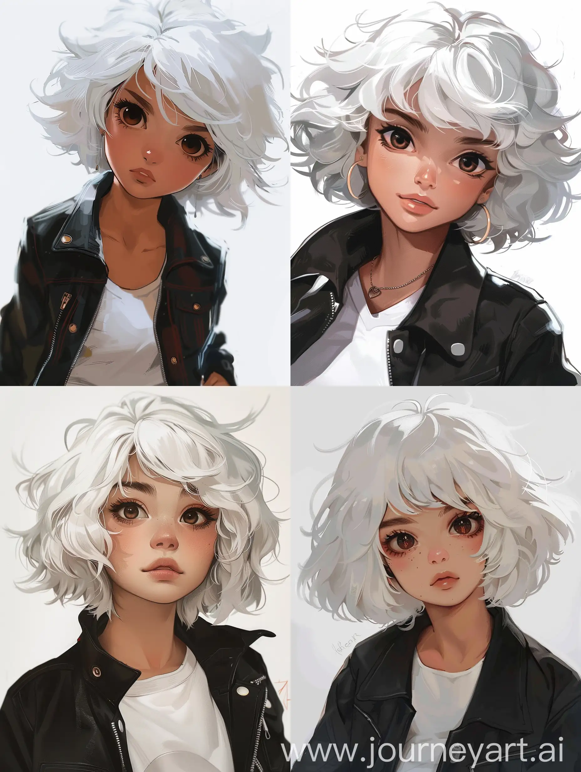 anime, muted colors, cute, badass, beautiful young woman, fluffy short white hair, brown eyes, black jacket, white t-shirt, white background, close up, character design, retro style, aesthetic, masterpiece