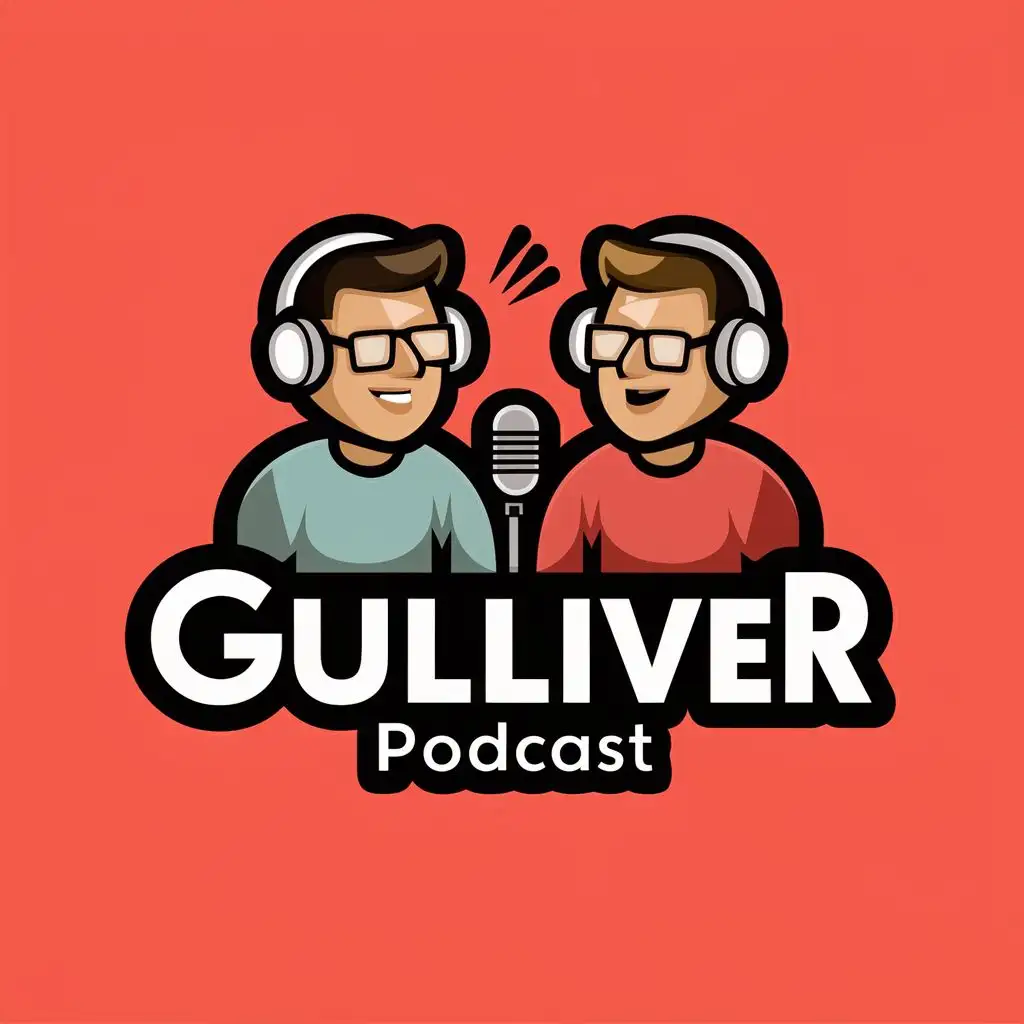 logo, youtube logo for podcast of 2 guys talking with headphones and microphone (theydon't wear glasses), with the text "Gulliver Podcast", typography, be used in Entertainment industry