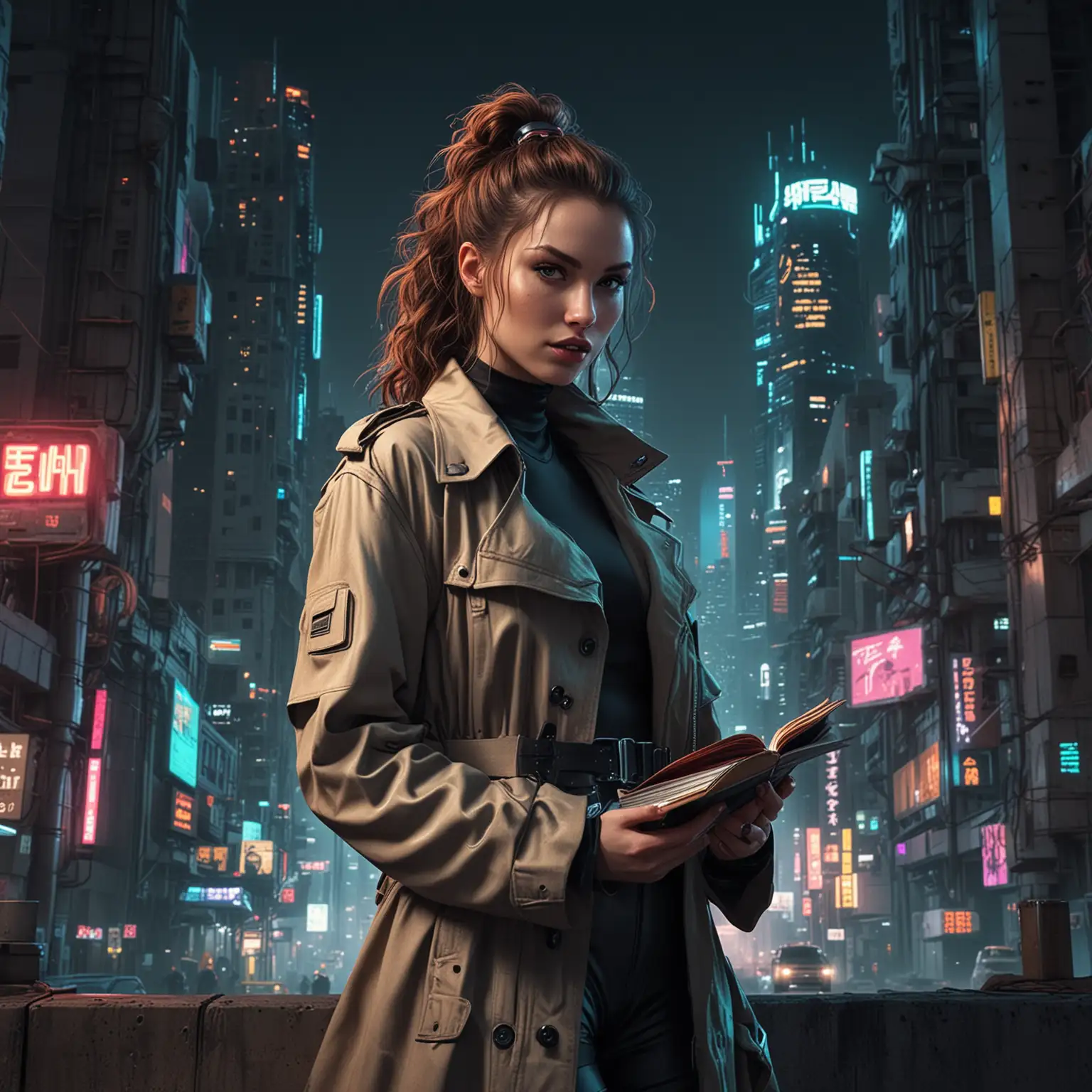 CITY BUILT IN A LARGE CANYON AT NIGHT? MOON LIGHT. The city is a cyberpunk futuristic  brutalist architecture with a lot of concrete and neon lights, female rebel, dressed like cyberpunk laura croft, with curly hair, wearing long trench coat, holding a stack of books