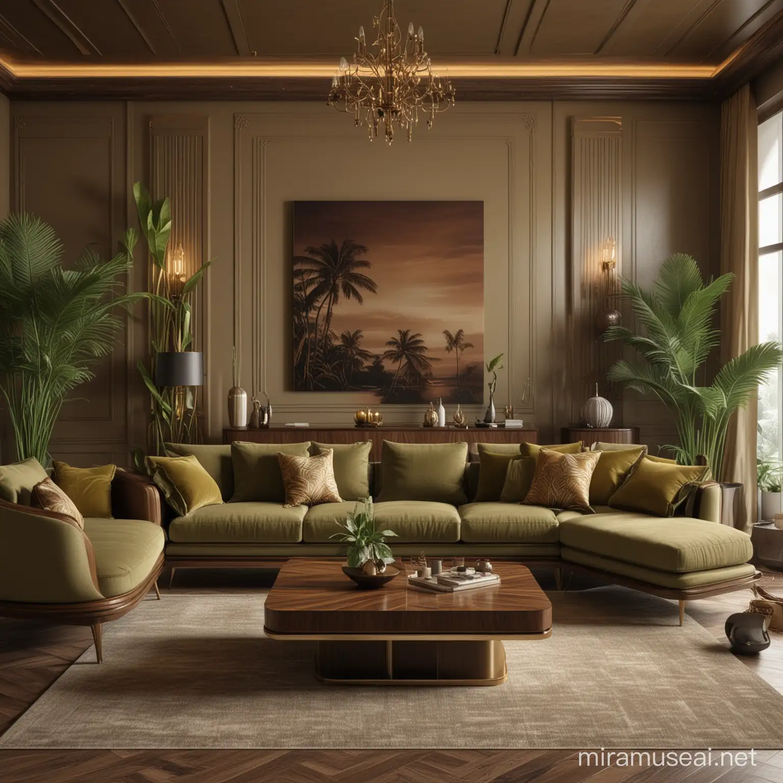 Futuristic tarzında,a tropical Sicily living room,haki kumaş,sıradışı hatlara sahip,zarif,koyu renk ceviz ağacı ahşap ve çok az bronz gold detayı gösterişli ve zengin Luxury koltuk seti,üretim için gerekli olan dikiş detayı,aydınlık oda,8k,4k,hd,yüksek kalitede gerçekçi görünüm render,