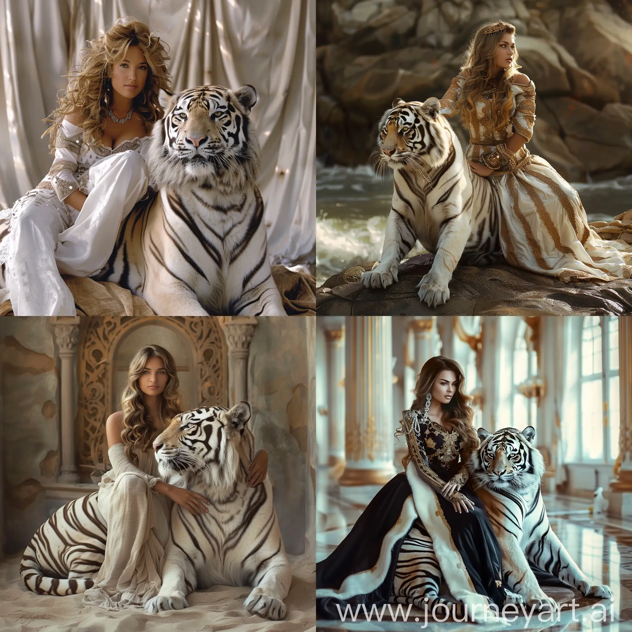 Stunning-Woman-Poses-Gracefully-on-Majestic-White-Tiger