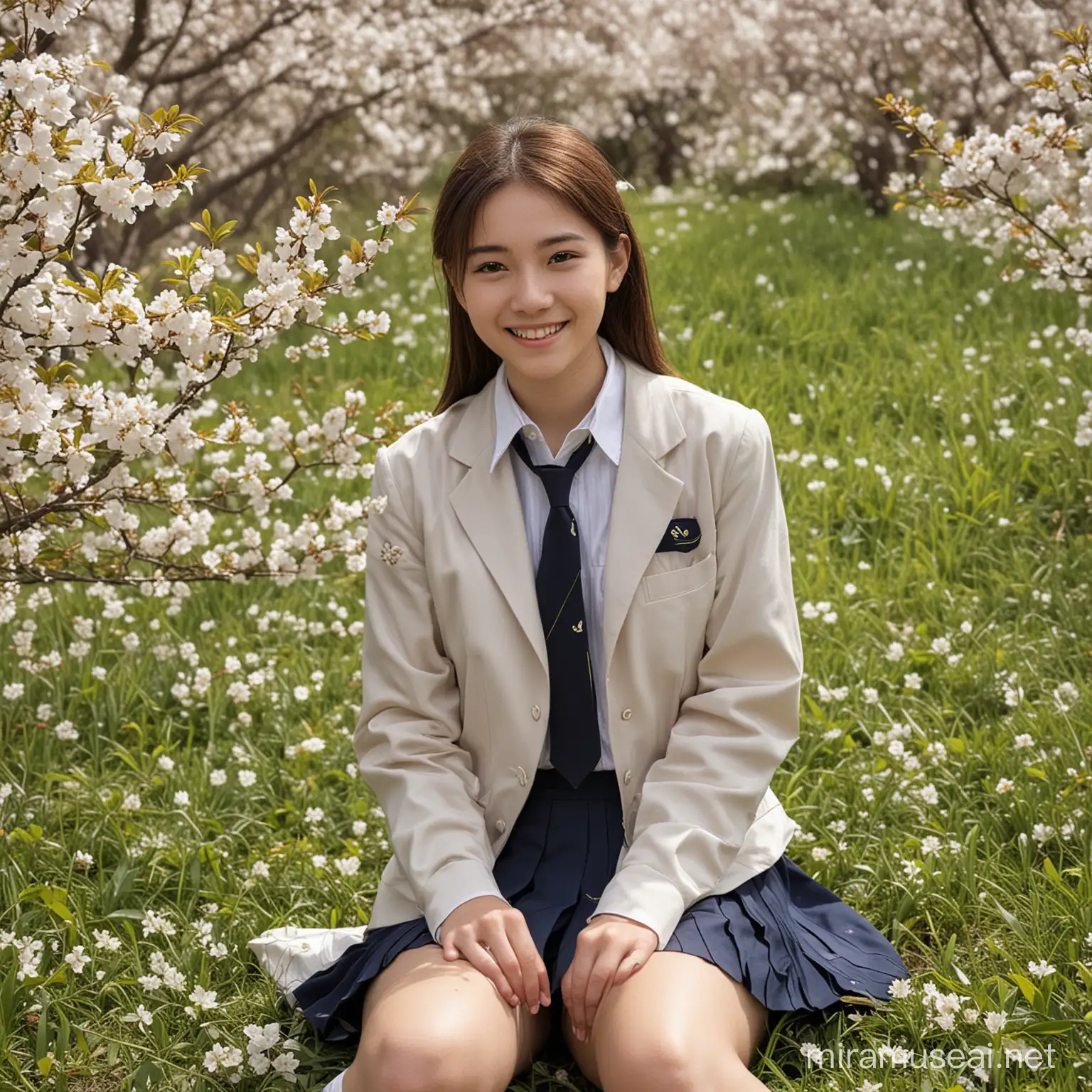 Happy Young Female Student in School Uniform Enjoying Cherry Blossoms by the Riverbank