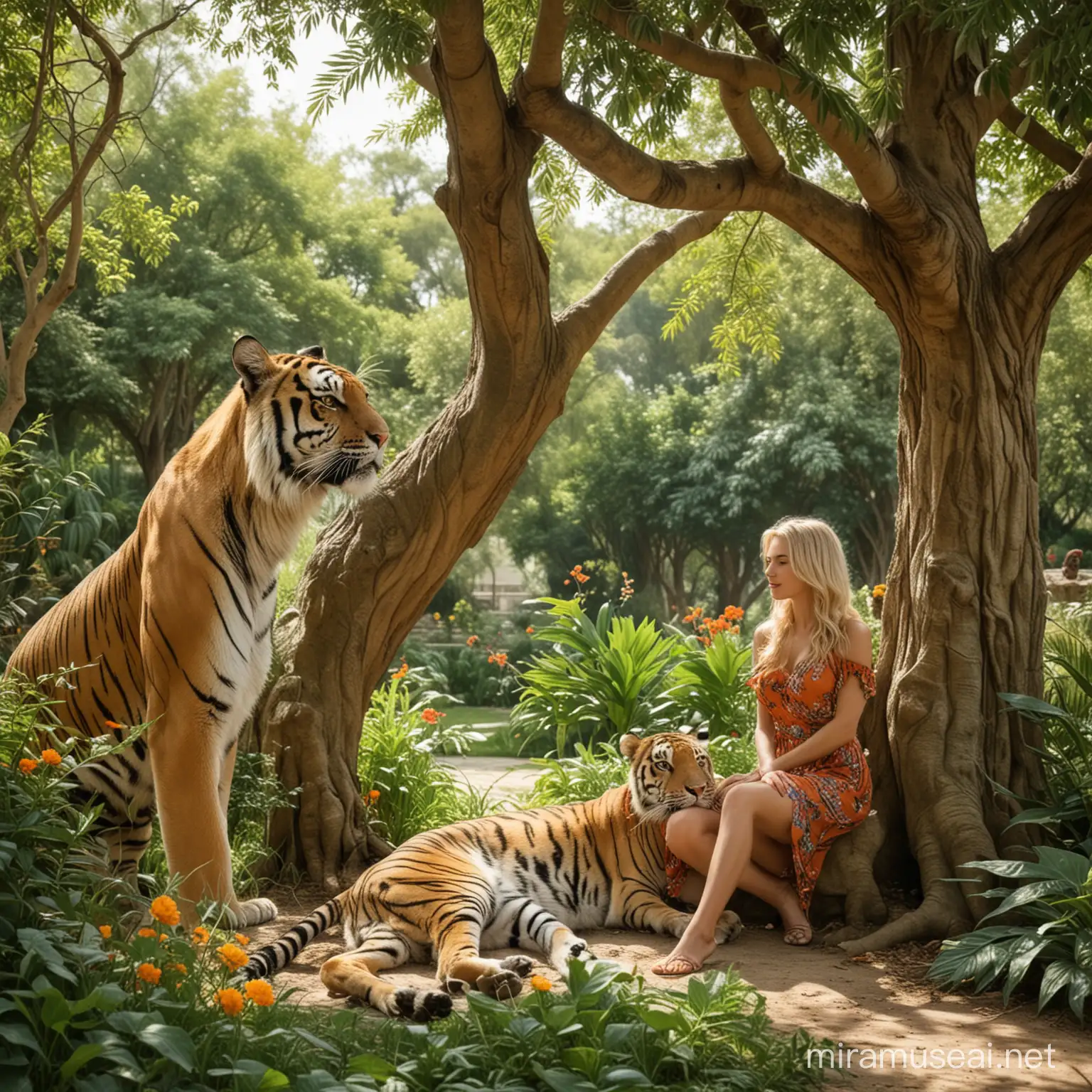 Garden of the Landscape Eden landscape with a Beautiful blonde woman under a tree, with a tiger
