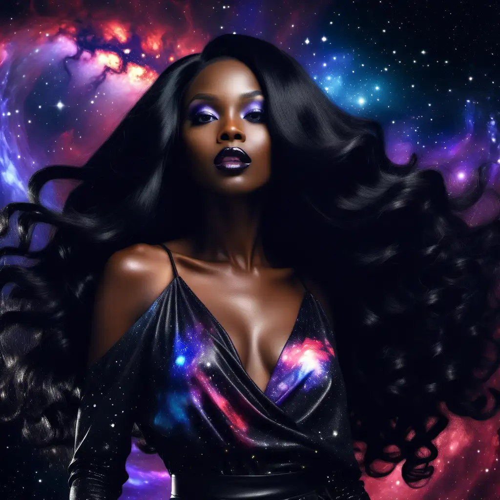 Elegant Black Lady Amidst Galactic Splendor with Long Hair and Vibrant Lips