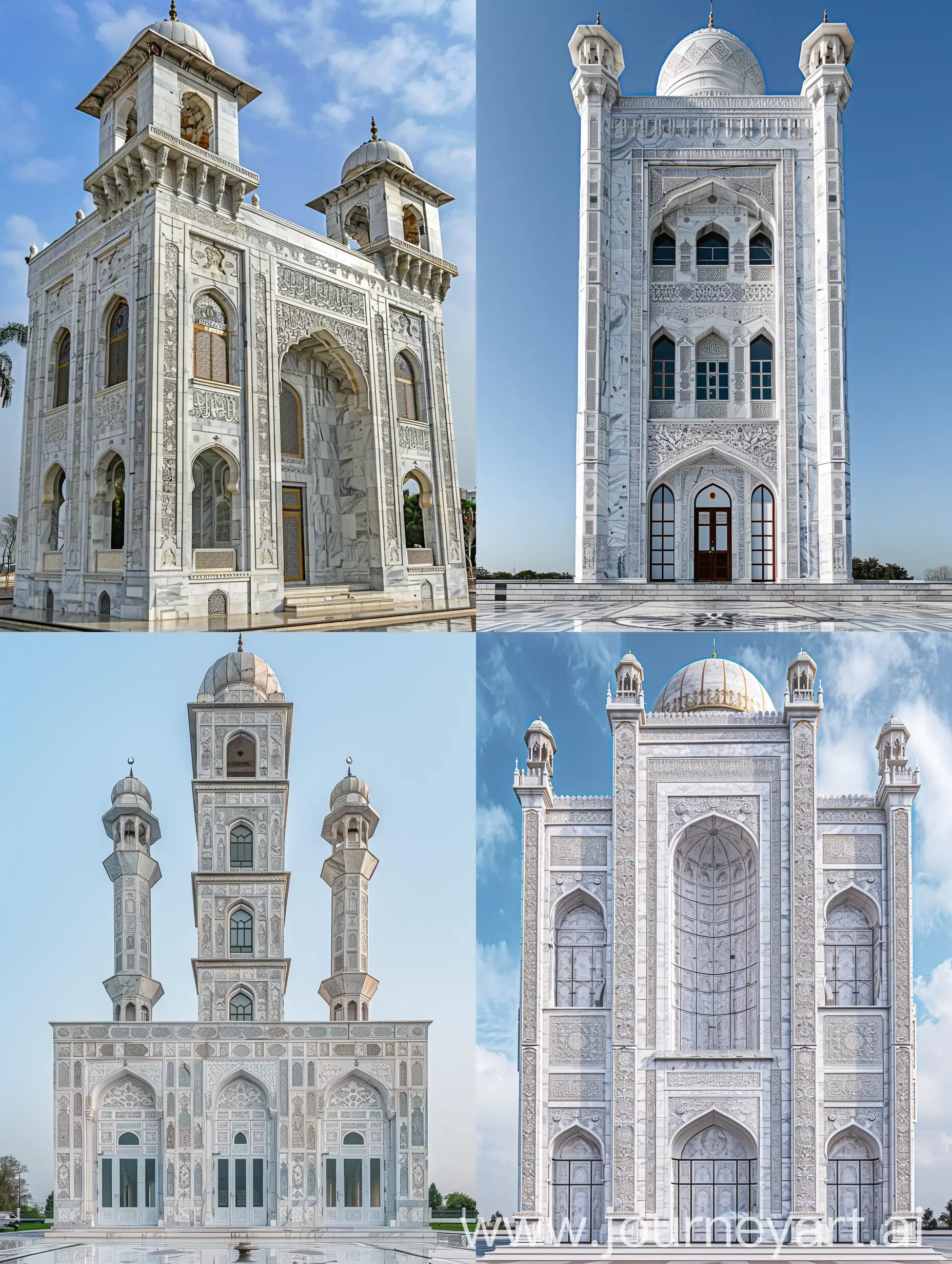 a tall and beautiful Mughal mosque, having Mughal arches and mughal arched windows, Mughal marble carvings on shiny white marbled exterior, Gurudwara dome at the top, full view --ar 3:4 --q 1