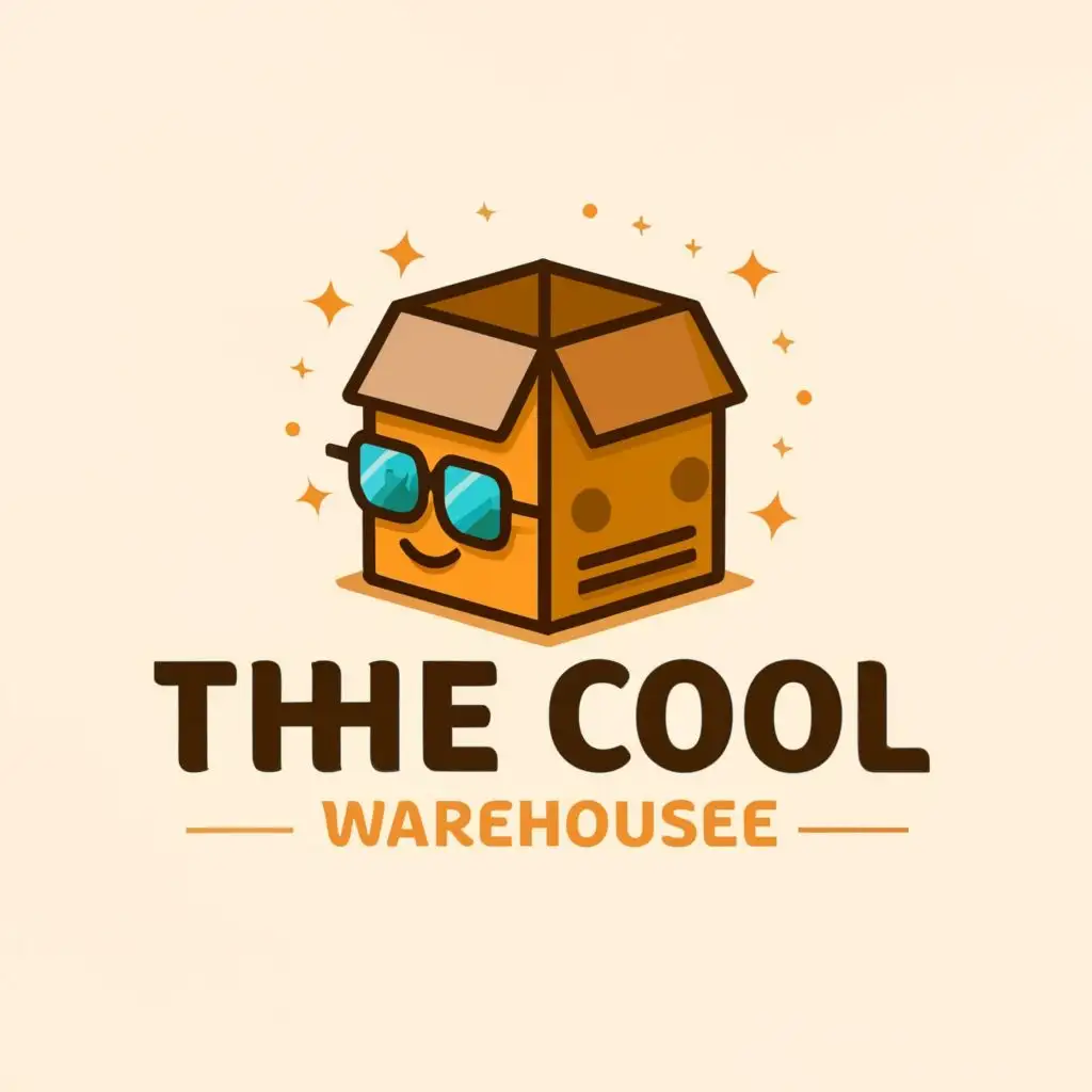 a logo design, with the text The cool warehouse, main symbol: A cool cardboard shipping box with sunglasses on to show that it's cool, Moderate, to be used in Internet industry, clear background, happy, big opening of the box