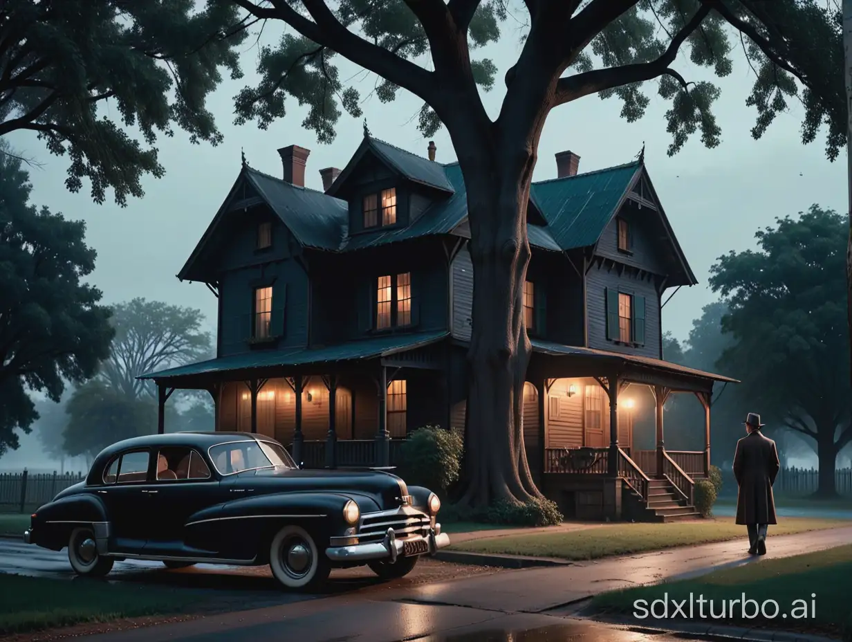 there is a dark  old vintage house on  left side , in the center there is  a vintage old car and on the right side,  there is a old tree and a man is standing there and his face is not visible and he is standing in dark  and it is evening time and  the image a a dark aesthetic vibe