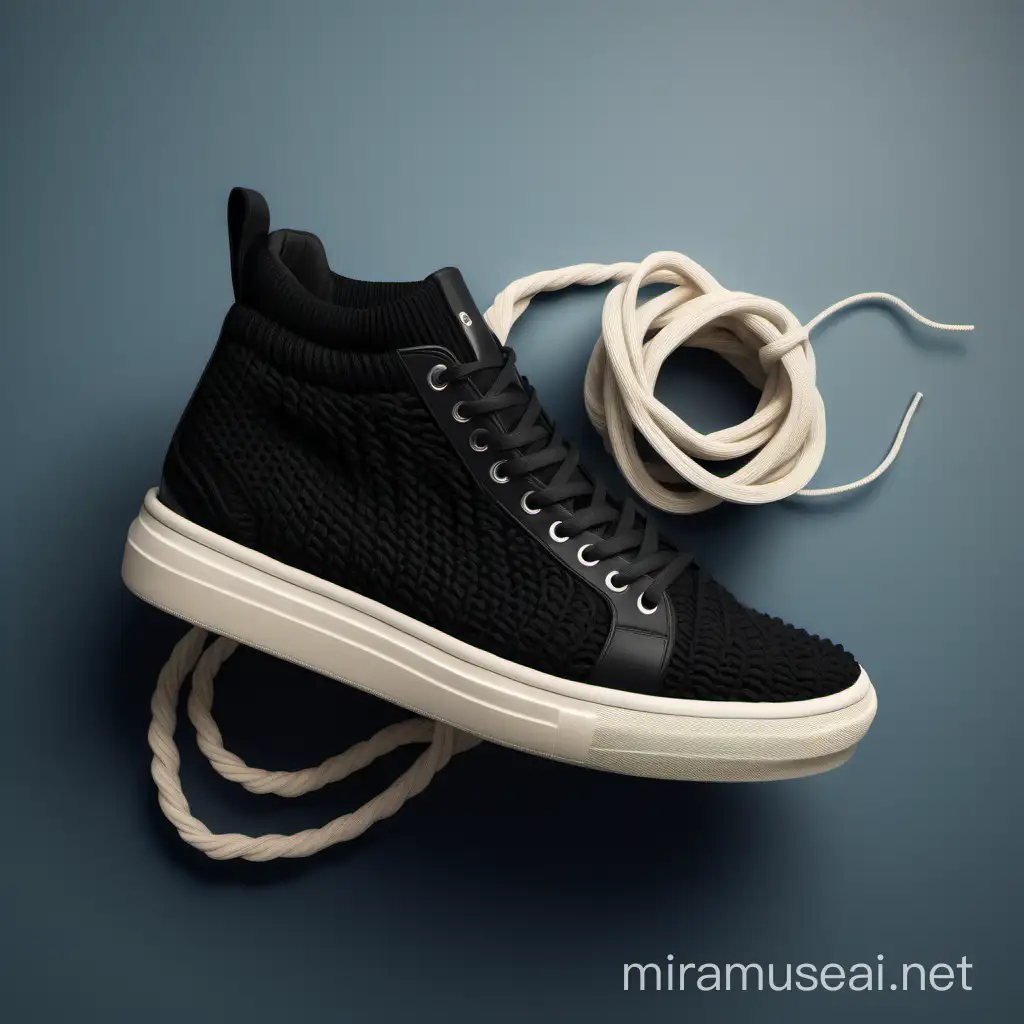 Skate boarding Sneakers design , inspiration by orca whale , rubber midsole , knitted cables on midsole , chunky , trendy , color black/cream  , verne black line around the top of sneakers ,