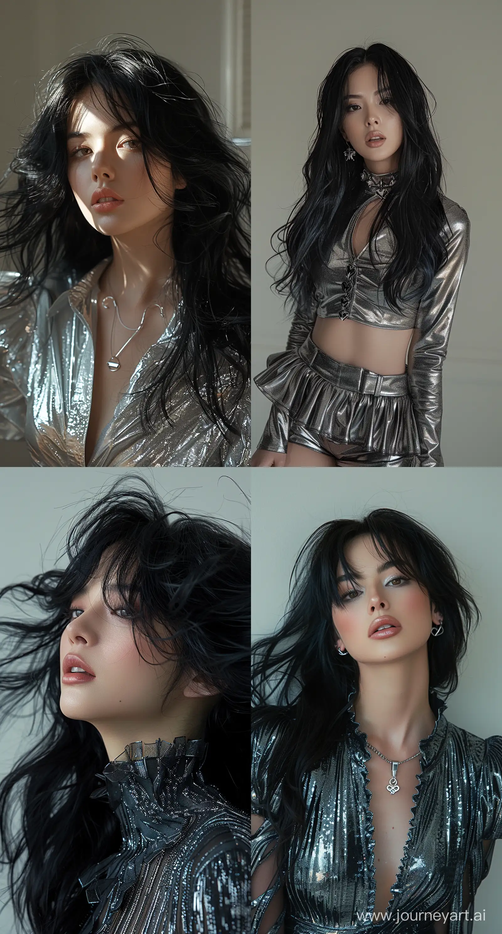 a woman with flowing, black hair is posing wearing chrome hearts style, in the style of dain yoon, soft edges and blurred details, captures raw emotions, multilayered, soft edges, wavy, distinct facial features --ar 69:128 --stylize 750 --v 6
