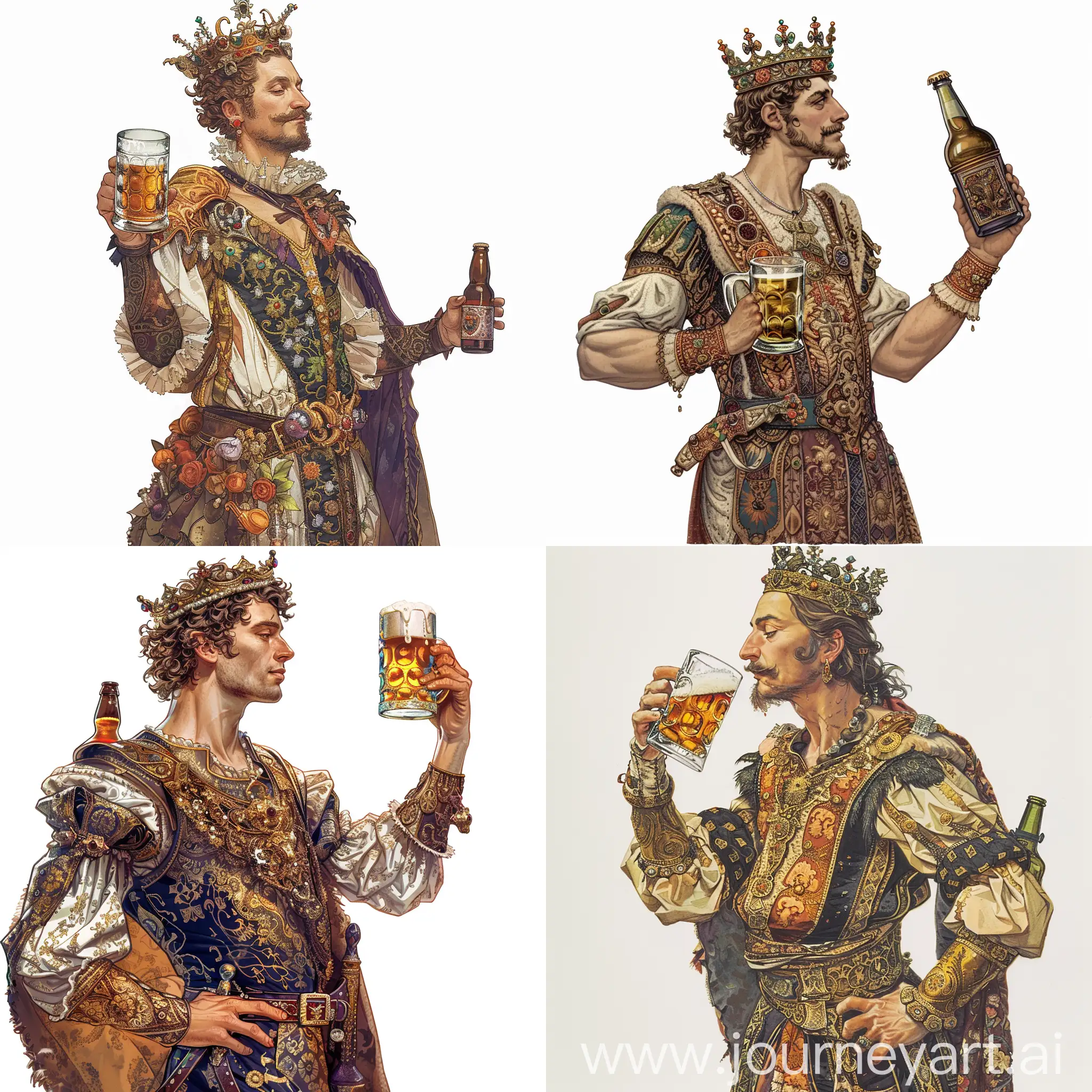 The king of ancient France in profile, portrait from the waist up, with a crown on his head, looking straight, in ancient ornate, exquisite clothes, holding a glass mug with beer at chin level, the other arm bent at the elbow and holding a bottle, complex colors, illustration, on a white background, Arthur Wrexham style
