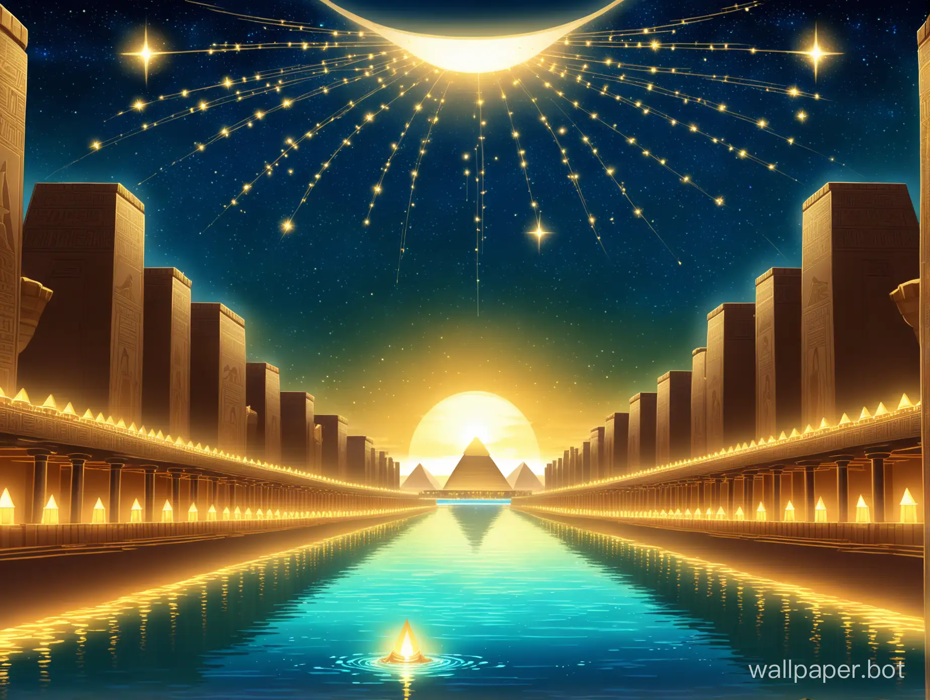 2d fighting game stage, floor level, atemporal mystic battleground of the gods, legendary Egypt Karkat at night, ancient giant Egypt buildings profusely decorated and made anew  under a constellation sky gently lightly bathed by the Nile waters and lotus canopy , all lit from below