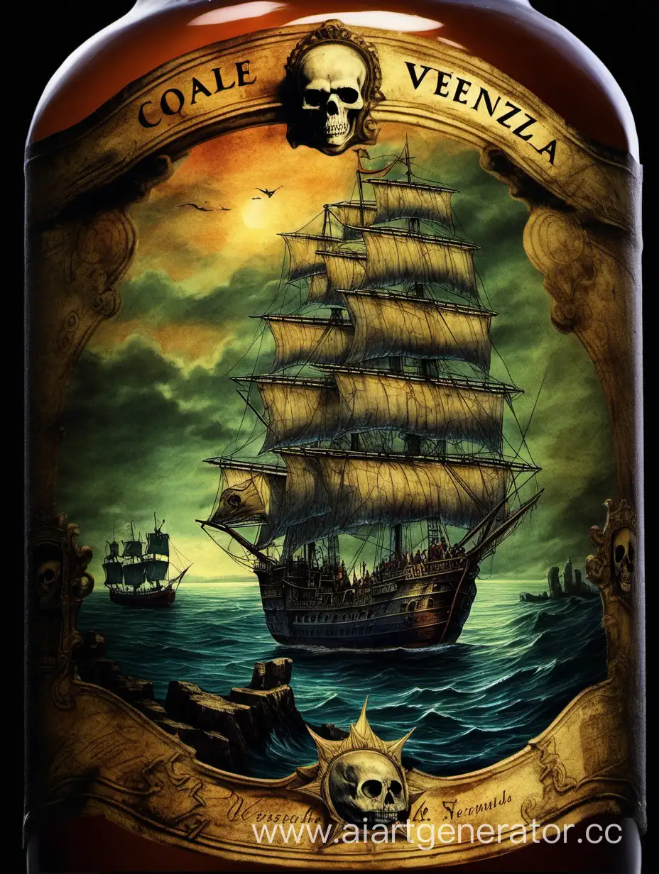 Label on bottle, Old castle, ship, sea, twilight, skull, Venezuela