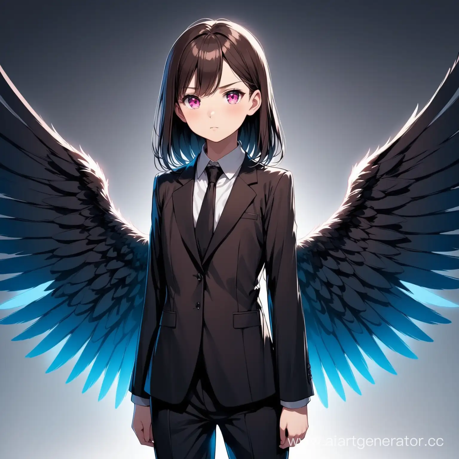 Enigmatic-12YearOld-Girl-with-Pink-Eyes-and-Blue-Wings-in-Black-Suit
