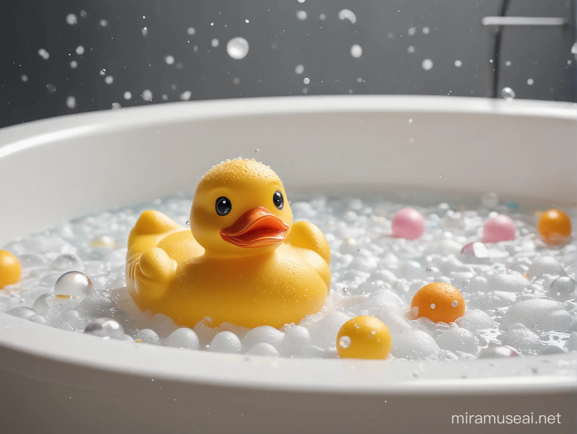 rubber duck in a big bath full of water and soap 
bubbles wide shot
